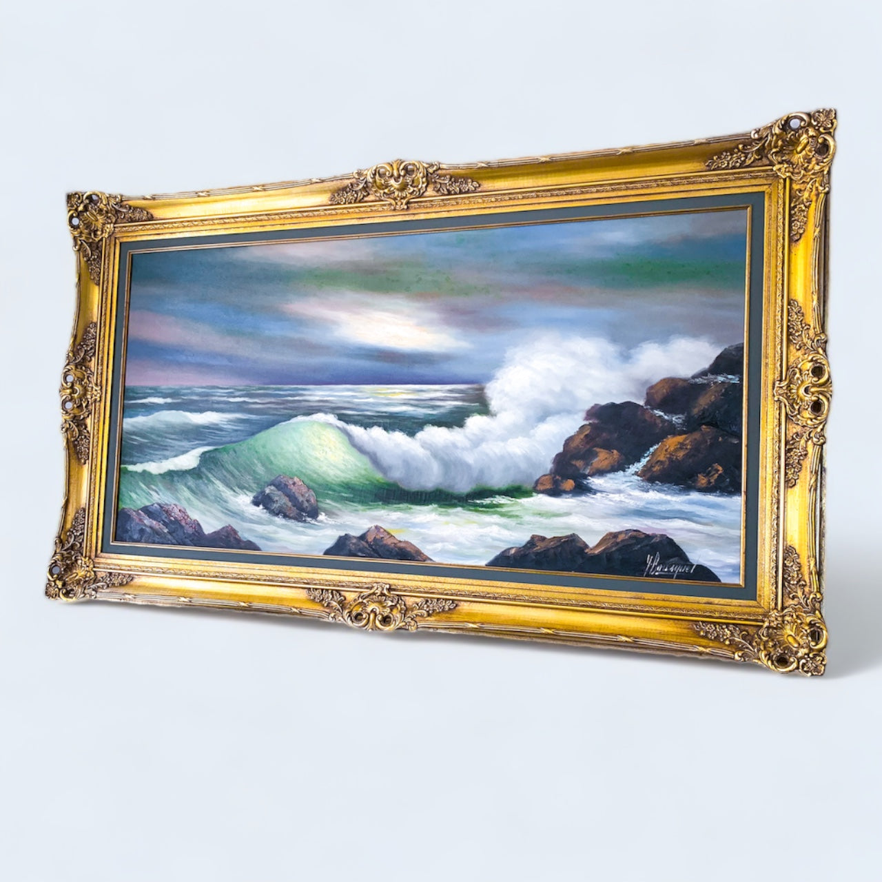 Large Vintage Ocean Oil Painting with Baroque Wood Gold Frame