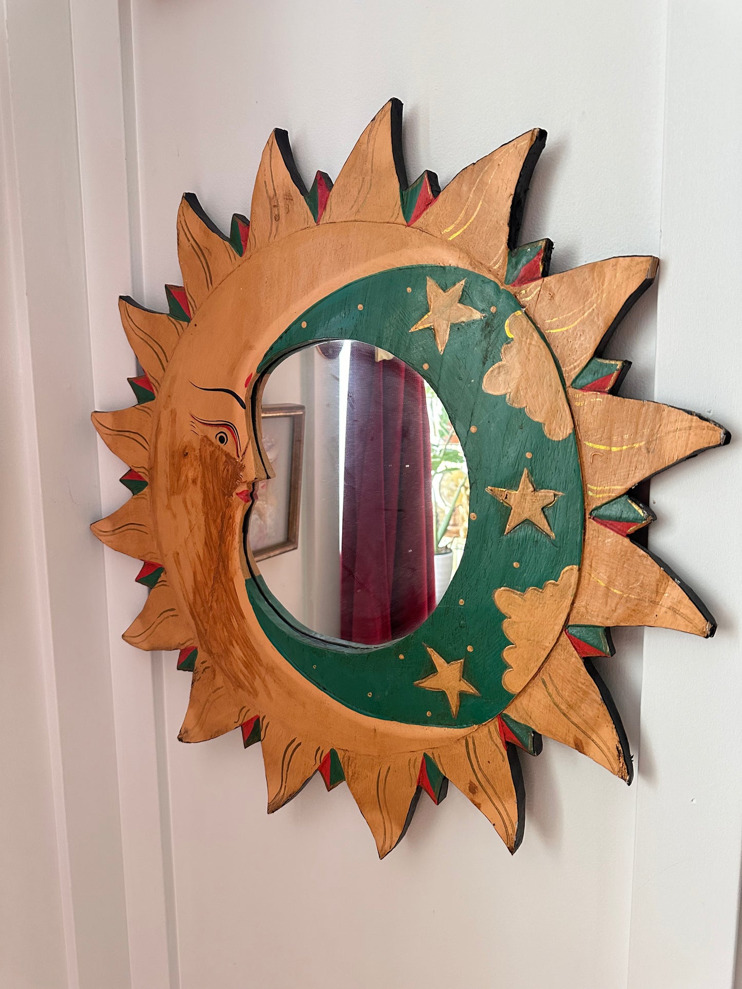 The Sun and the Moon Vintage Folk Art Handpainted Wooden Vintage Mirror