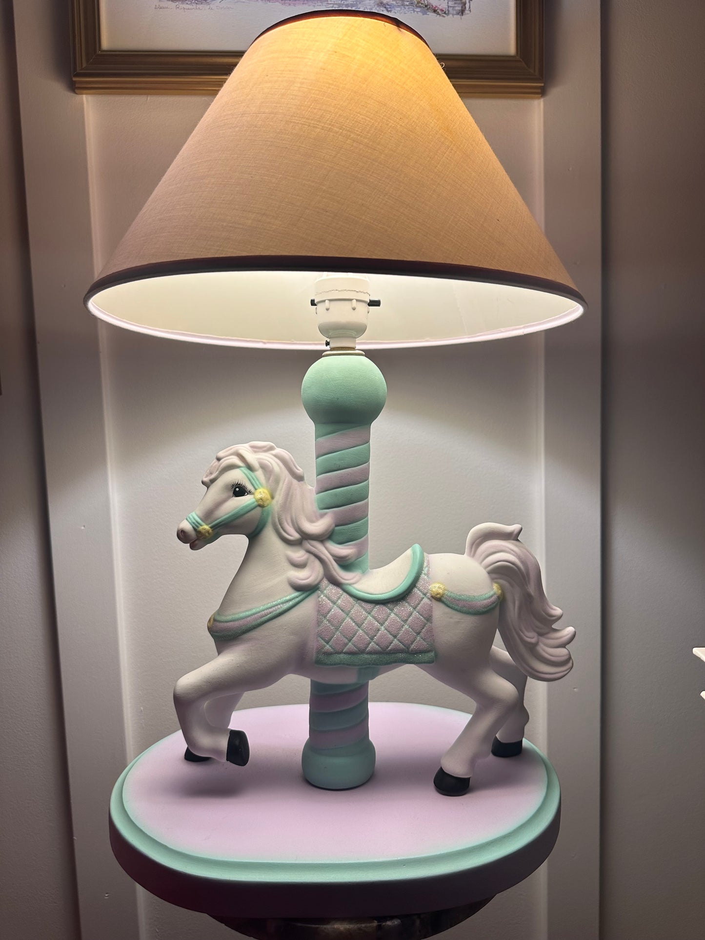 Vintage Lamp for Kids Ceramic White Horse Carousel Shape