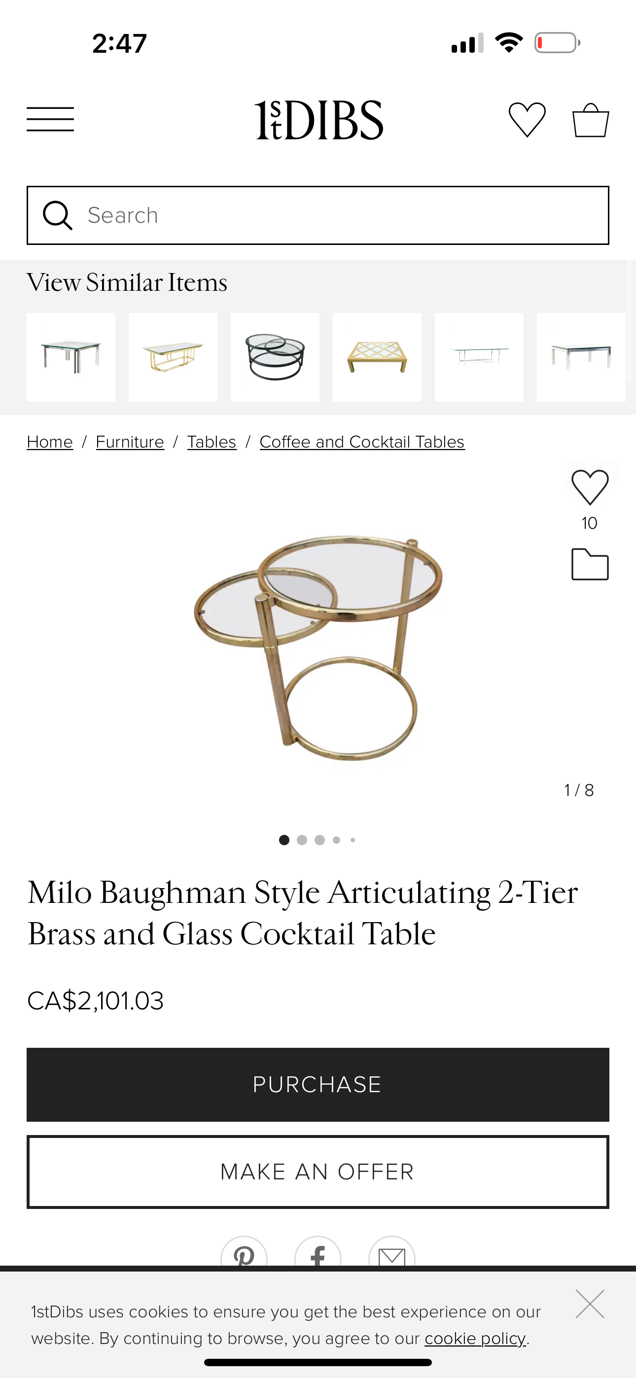 Milo Baughman Style 2 Tier Brass and Glass Cocktail Table