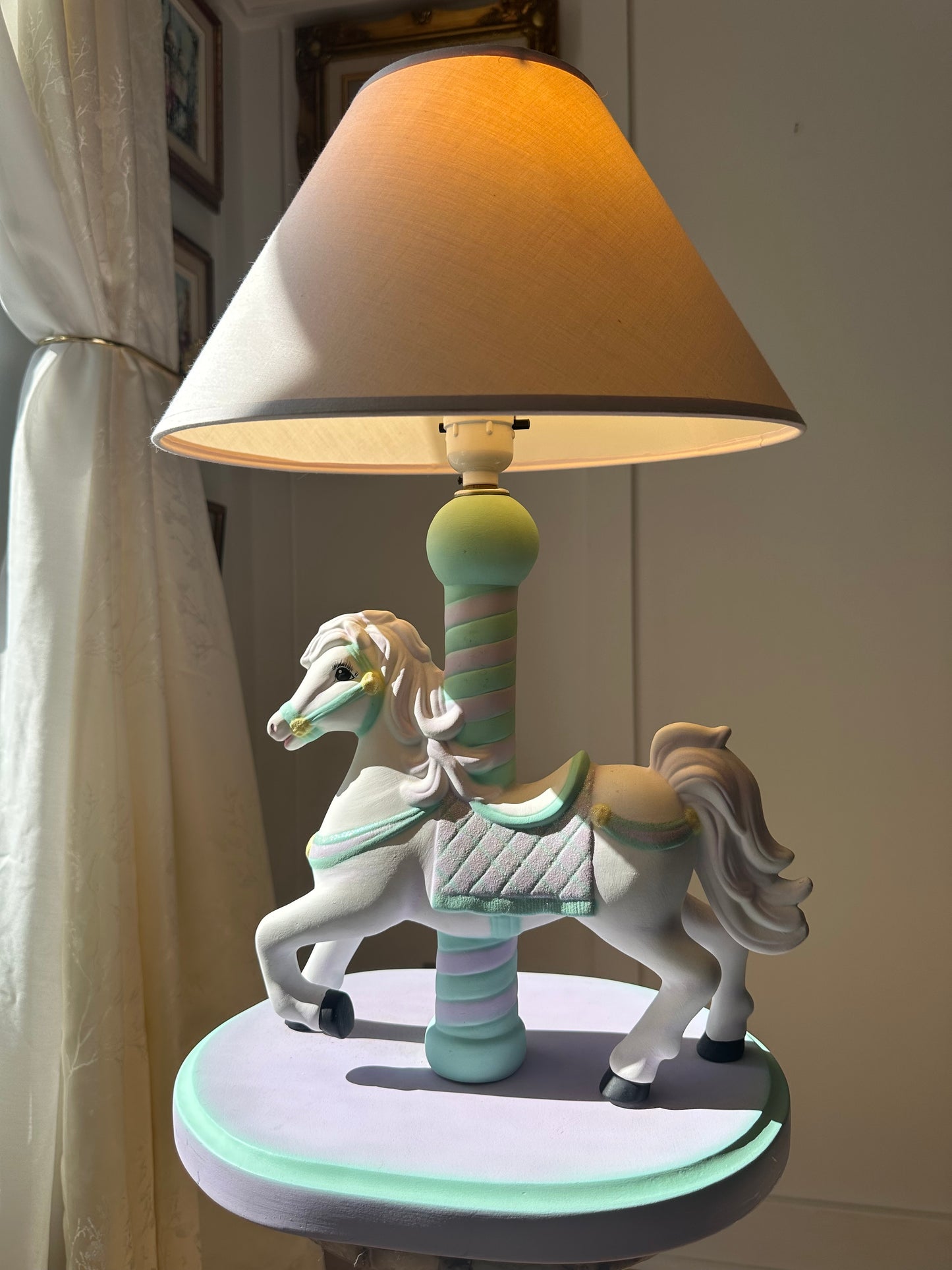 Vintage Lamp for Kids Ceramic White Horse Carousel Shape