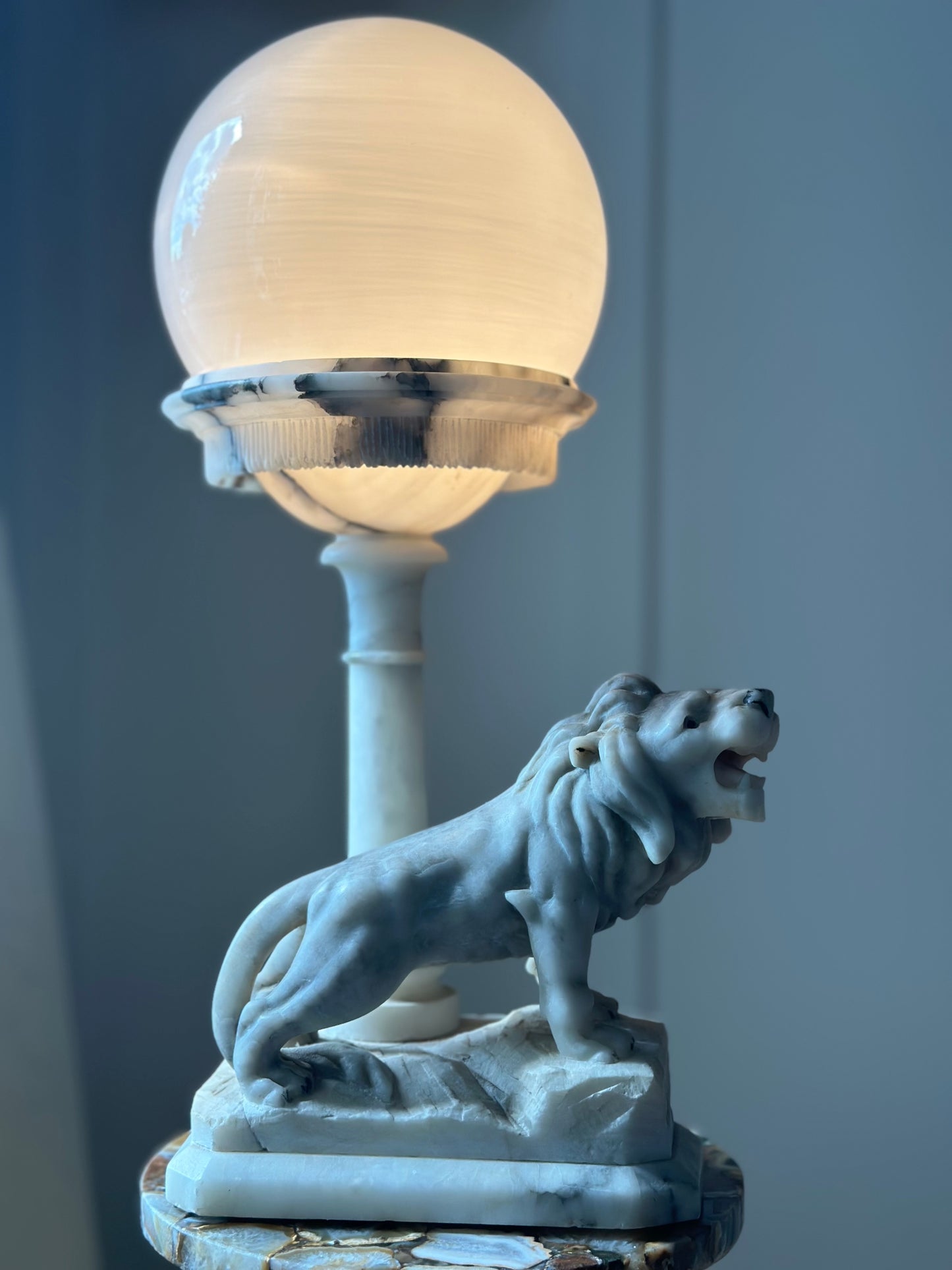 1940’s Solid White Marble Lion Lamp