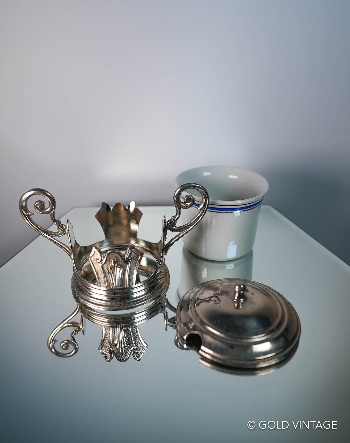 Vintage Italian Chrome & Porcelain Jam Pot Or Sugar Bowl, EP Zinc Chrome Stand Made In Italy, Art Deco Style