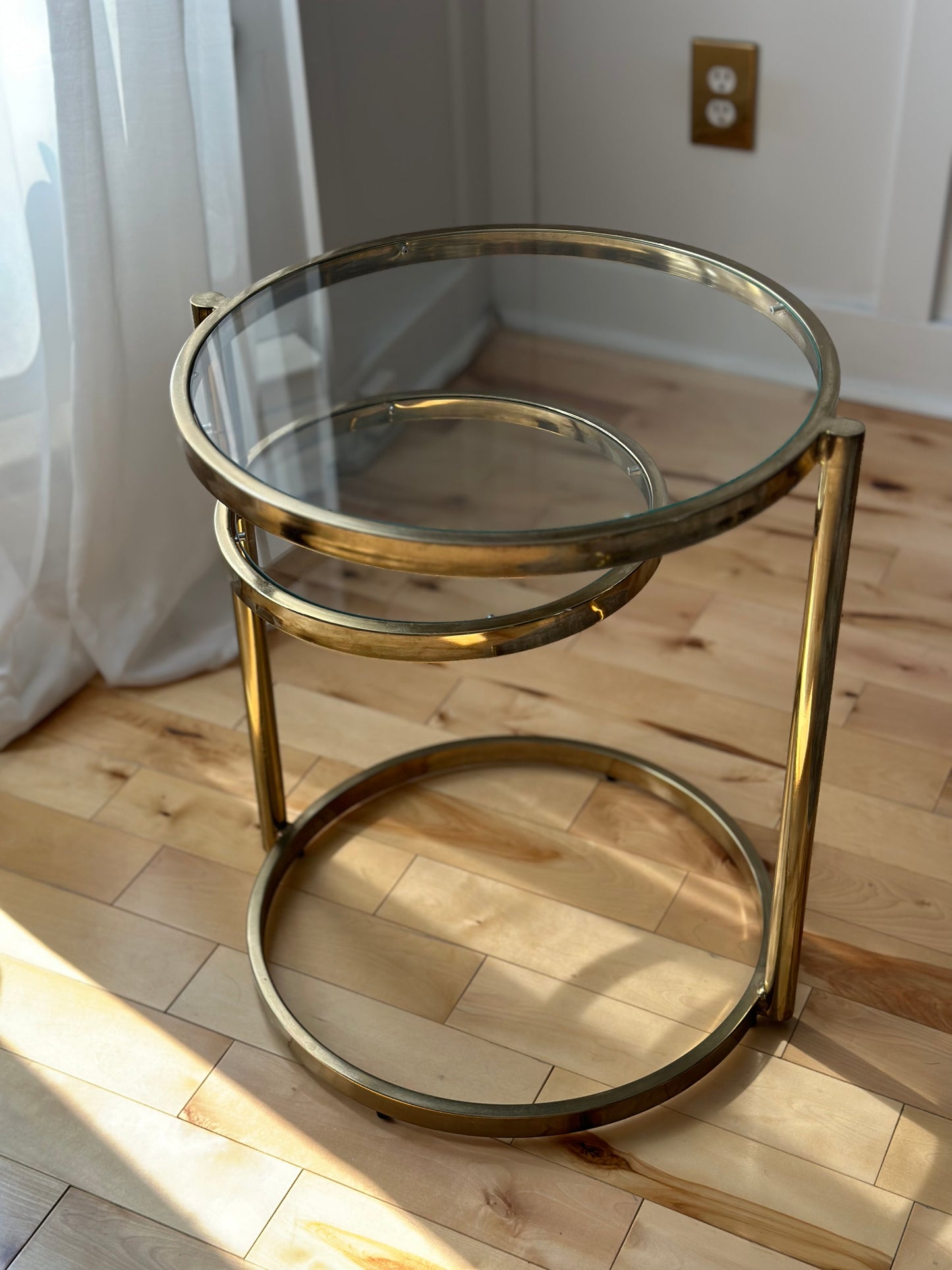 Milo Baughman Style 2 Tier Brass and Glass Cocktail Table