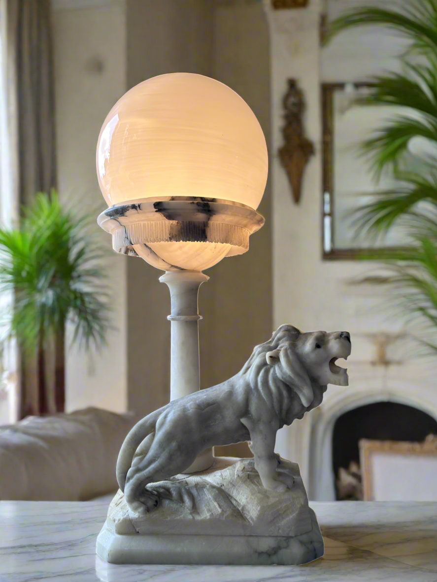 1940’s Solid White Marble Lion Lamp