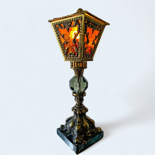 Vintage Switch Black Urn Base Trapezoid Amber Glass Panels Intricately Decorated Bronze Table Lamp