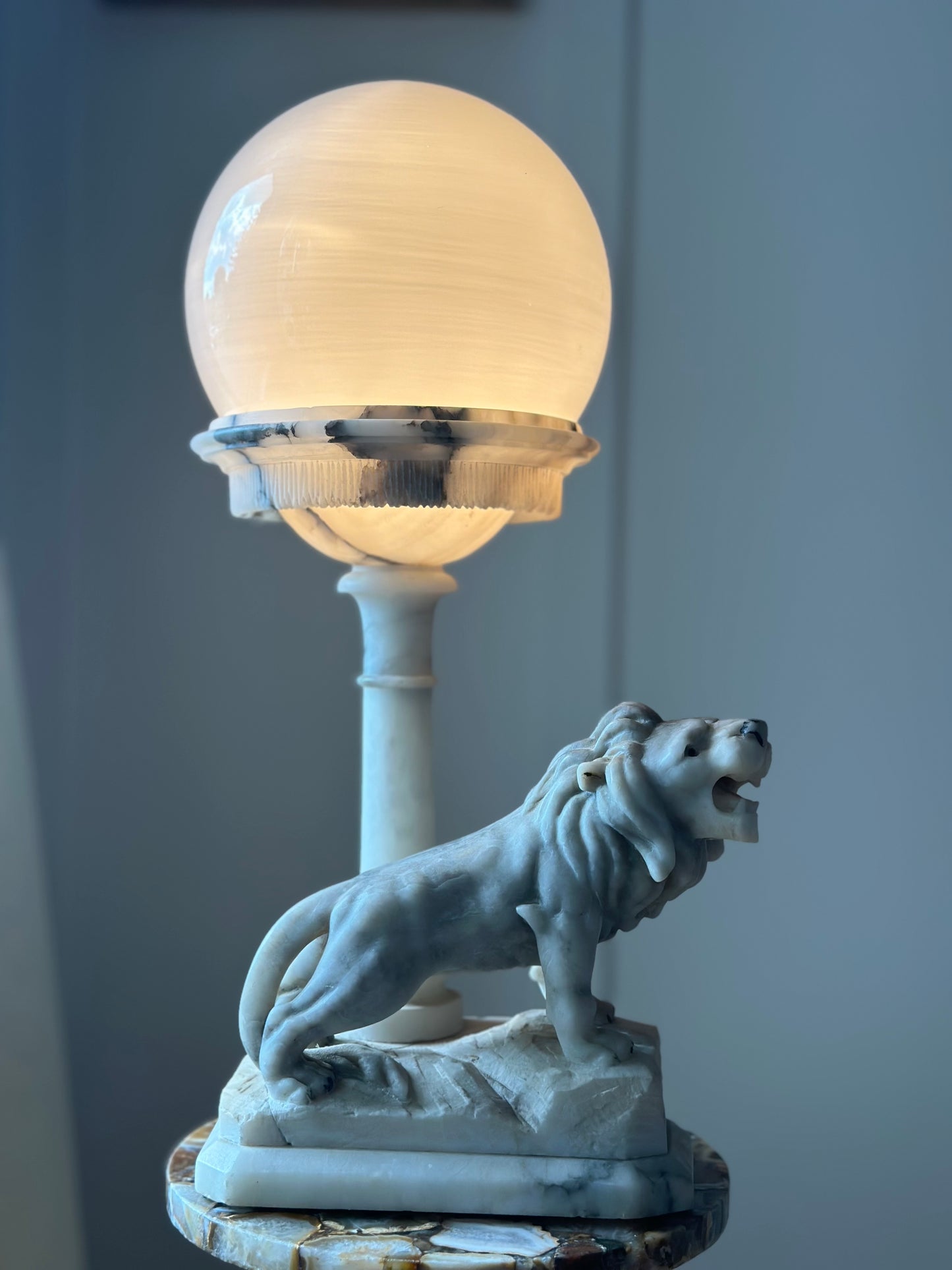 1940’s Solid White Marble Lion Lamp