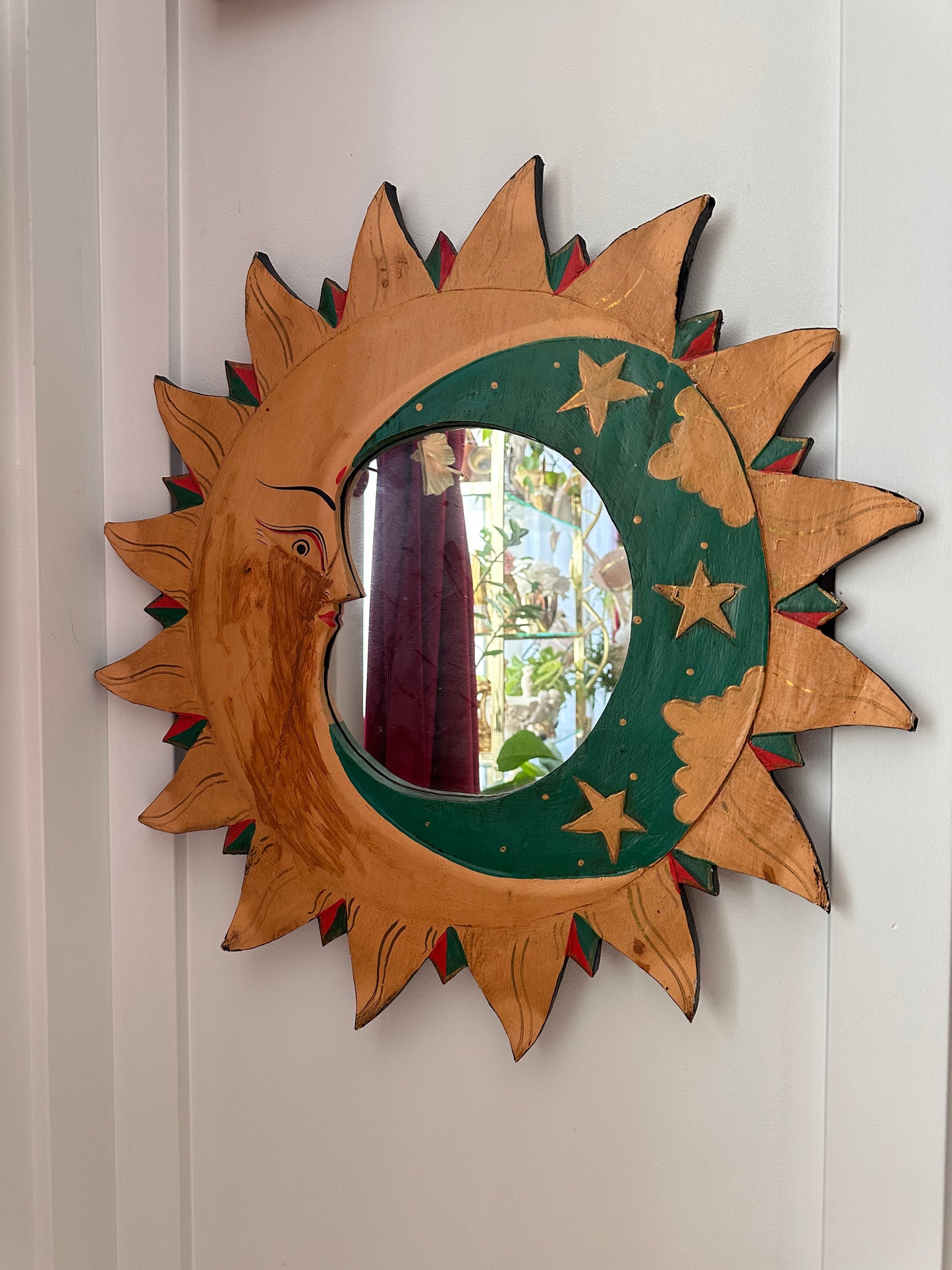 The Sun and the Moon Vintage Folk Art Handpainted Wooden Vintage Mirror