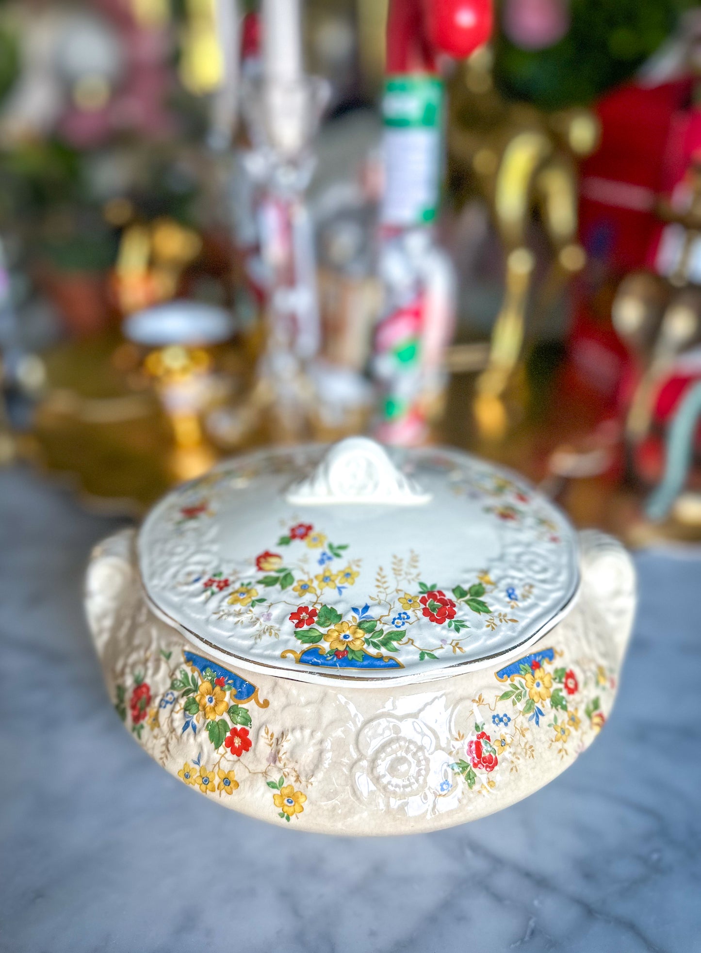 Sovereign Potters Canada HOLLYHOCK Covered Vegetable Bowl, Lidded Serving Bowl, Floral Serving Bowl, Canadian Pottery (1930's)