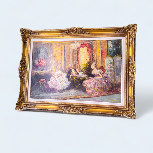 Château Versailles Meeting - French Renaissance Style Oil Painting in Baroque Gold Wooden Frame