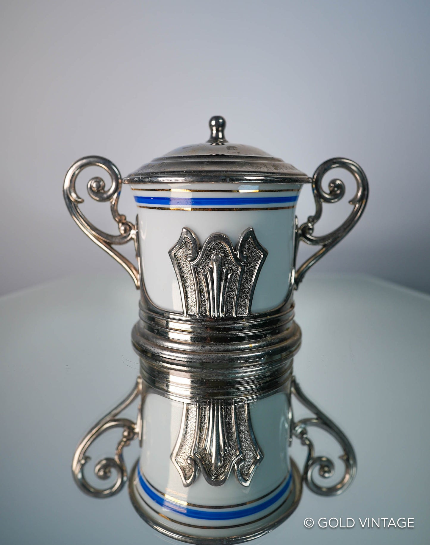 Vintage Italian Chrome & Porcelain Jam Pot Or Sugar Bowl, EP Zinc Chrome Stand Made In Italy, Art Deco Style