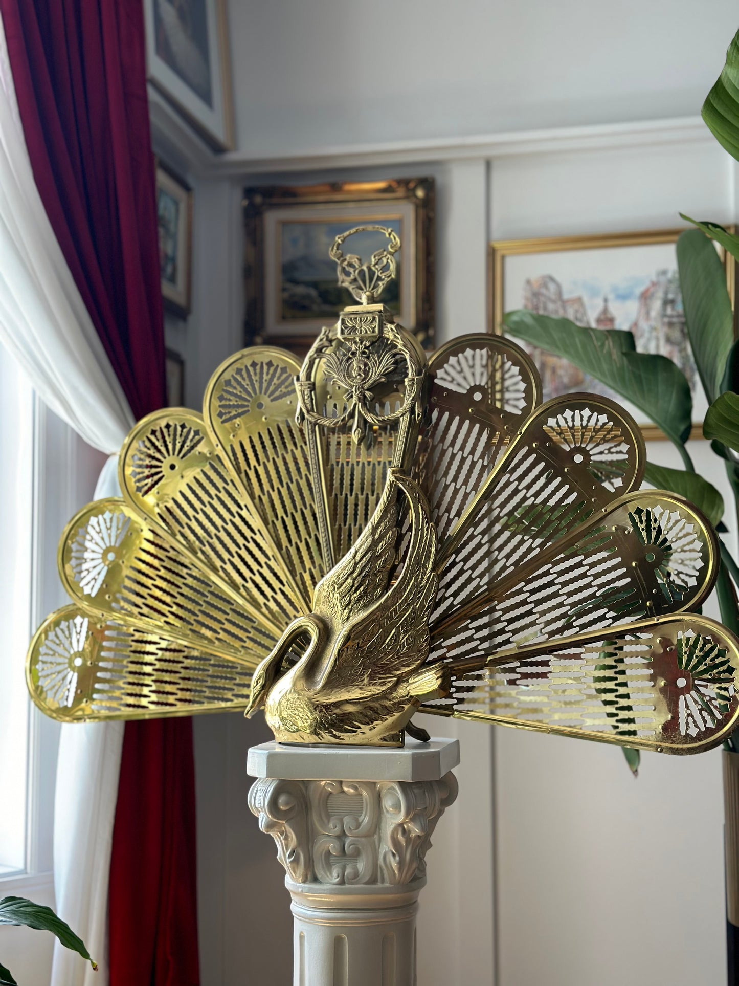 Vintage Swan Themed Brass Peacock Fireplace Fan Folding Screen