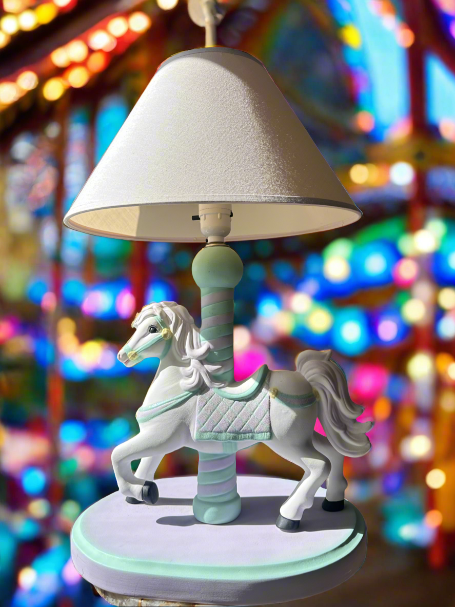 Vintage Lamp for Kids Ceramic White Horse Carousel Shape