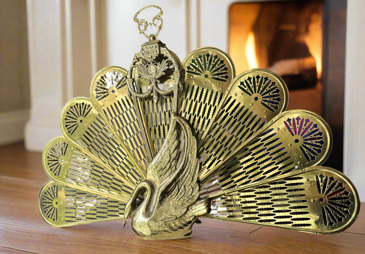 Vintage Swan Themed Brass Peacock Fireplace Fan Folding Screen