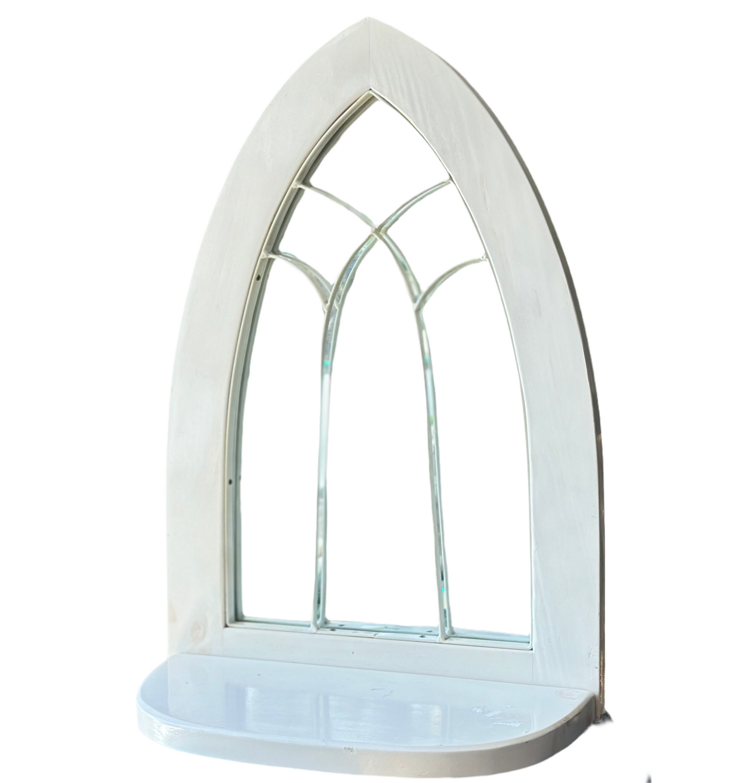 Arched European Cathedral Window Mirror with Shelf in White