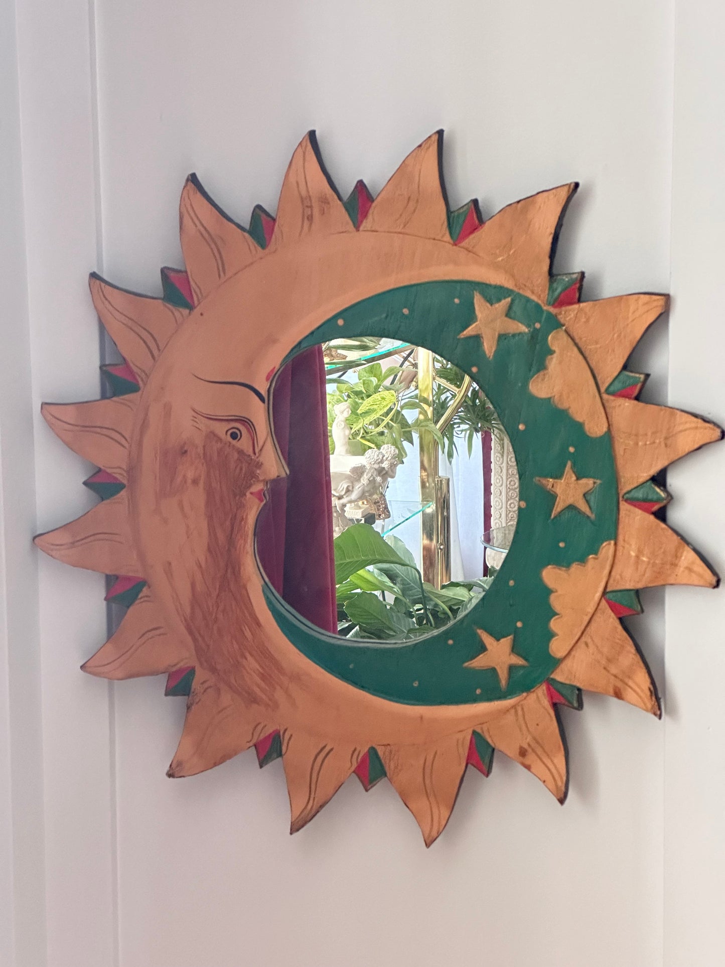 The Sun and the Moon Vintage Folk Art Handpainted Wooden Vintage Mirror