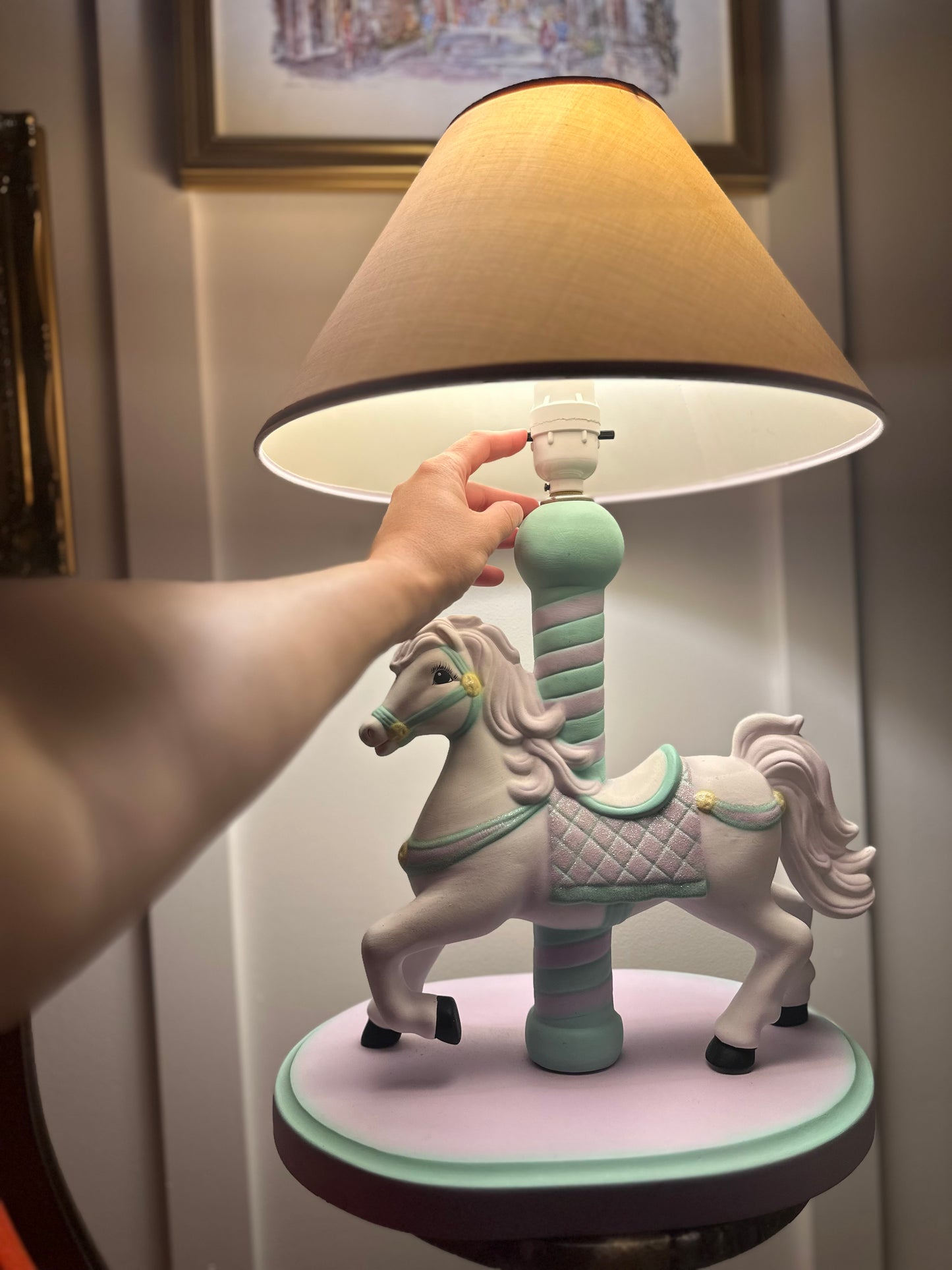 Vintage Lamp for Kids Ceramic White Horse Carousel Shape