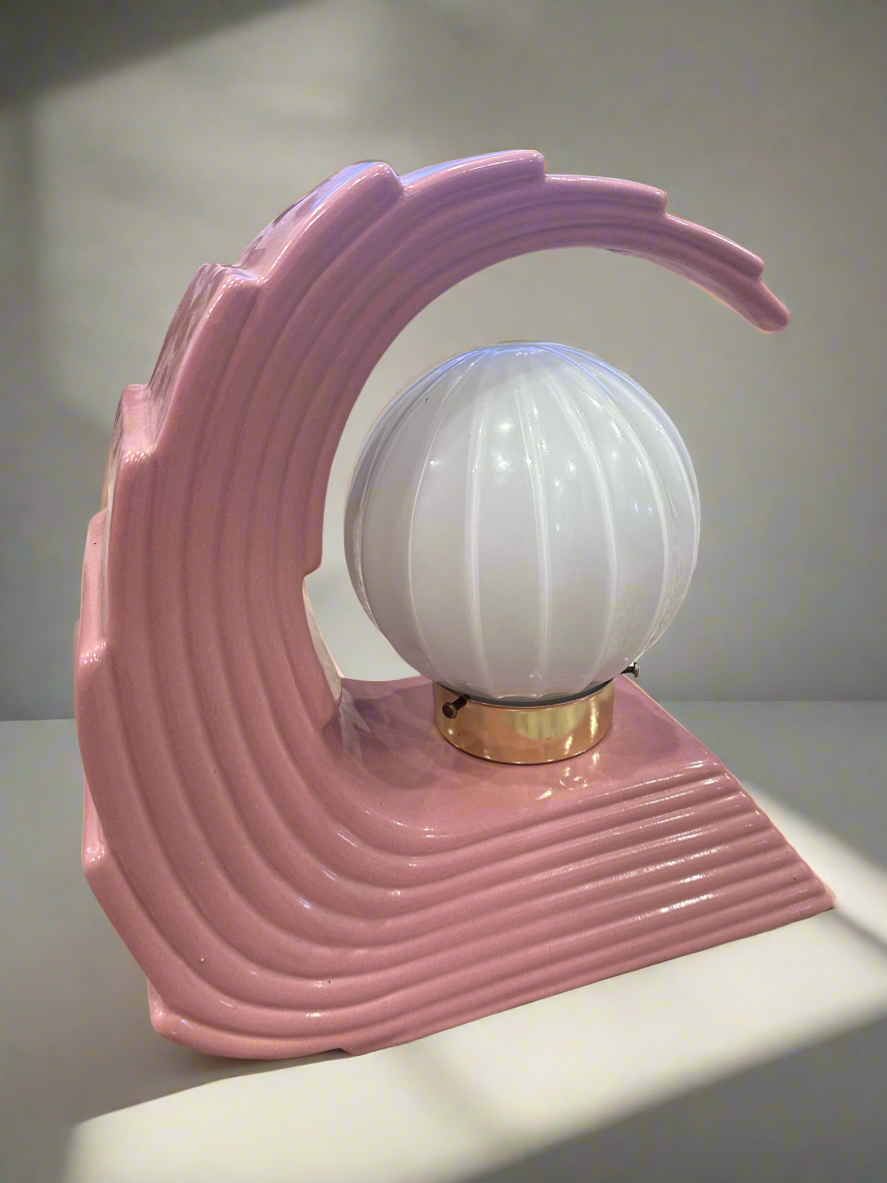 1980s Art Deco Revival Pink Ceramic Wave Lamp