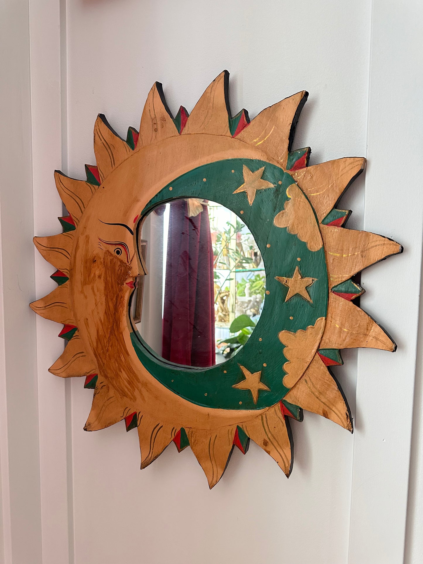 The Sun and the Moon Vintage Folk Art Handpainted Wooden Vintage Mirror