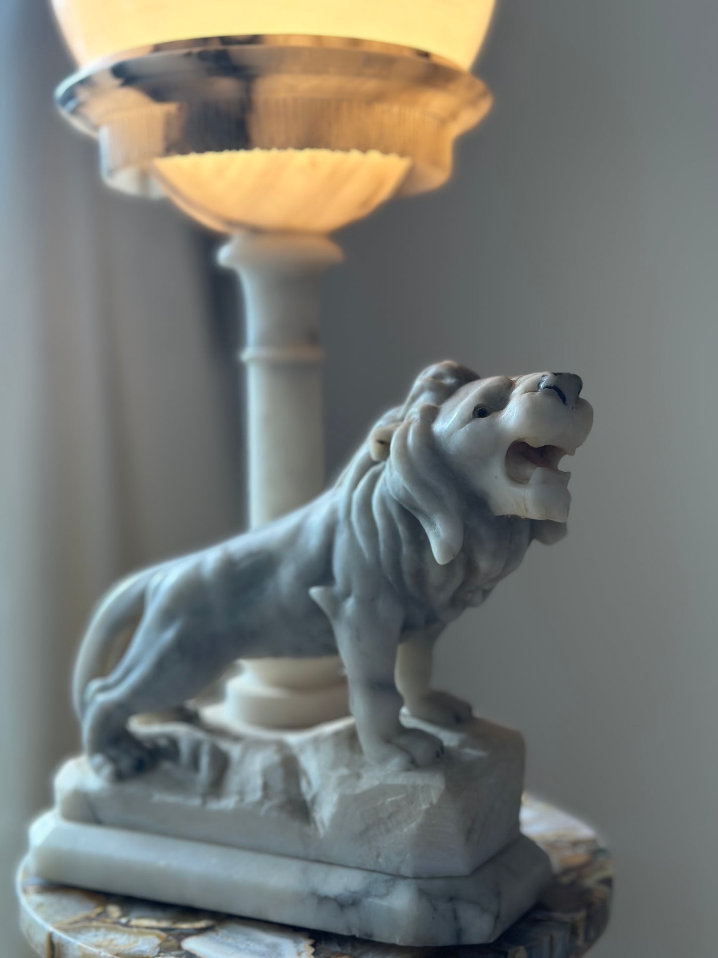 1940’s Solid White Marble Lion Lamp