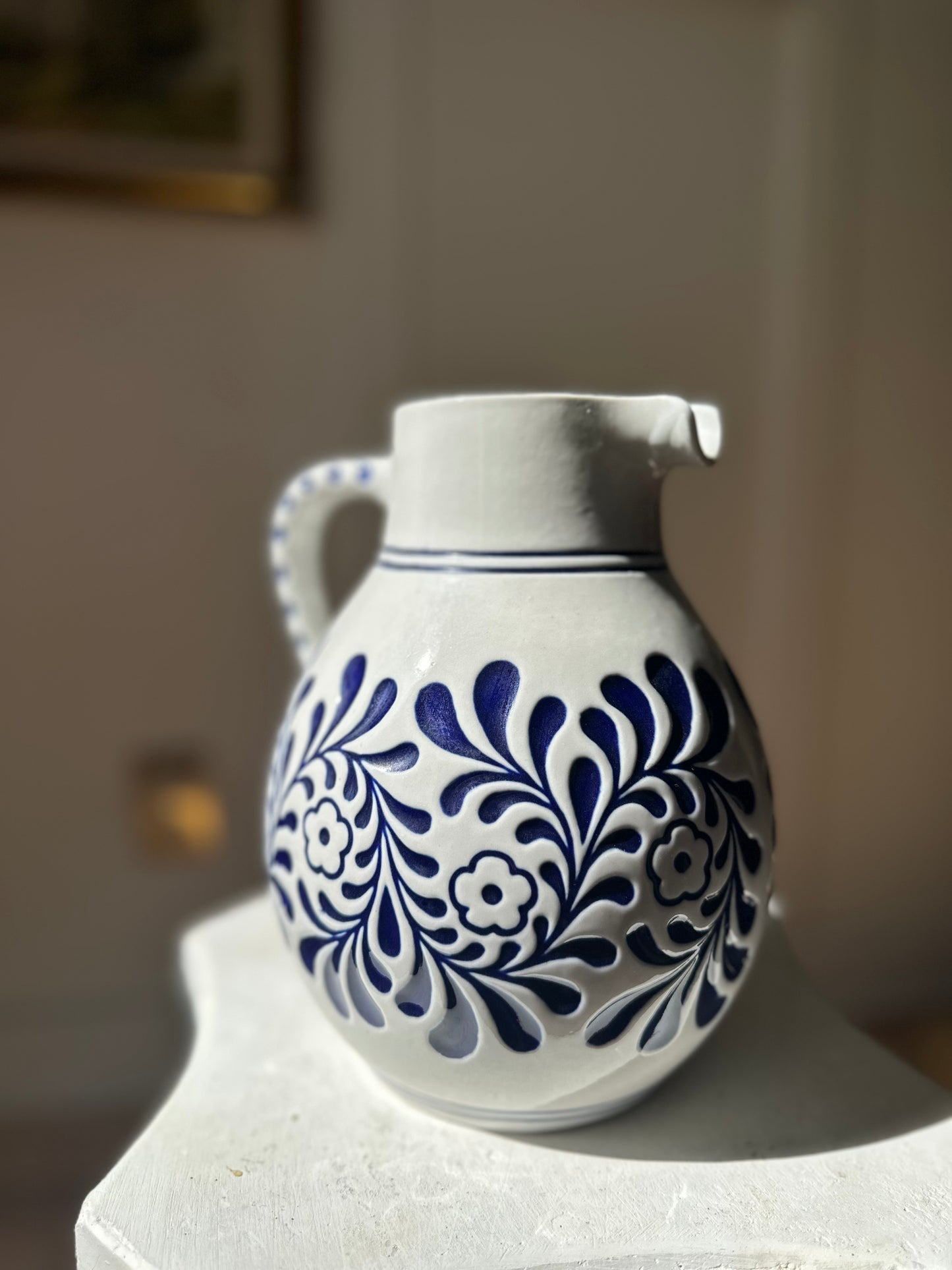 Brazilian Vintage Ceramic Water Pitcher Blue & White