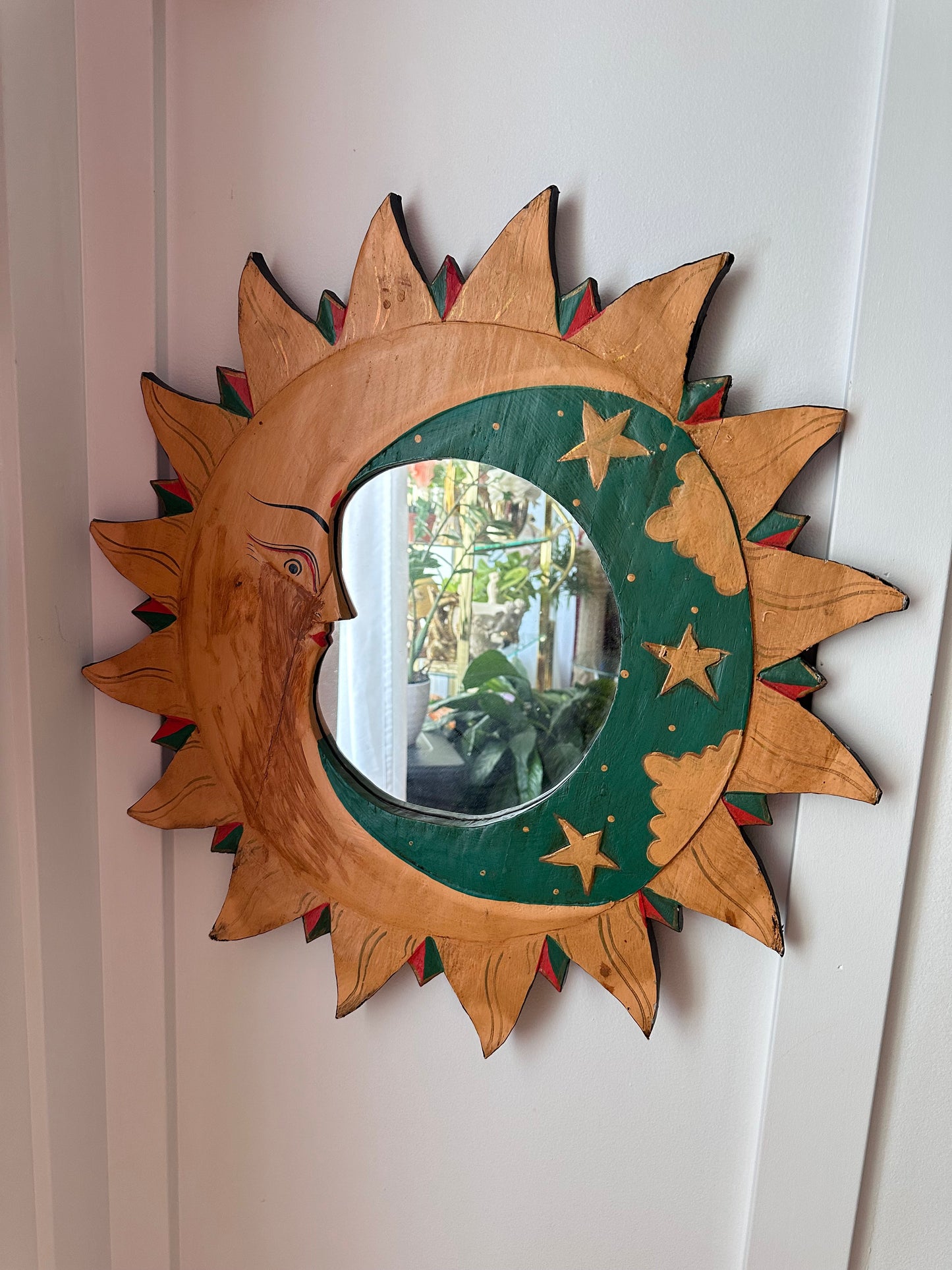 The Sun and the Moon Vintage Folk Art Handpainted Wooden Vintage Mirror