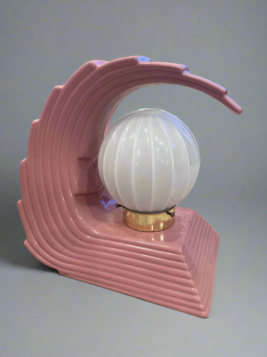 1980s Art Deco Revival Pink Ceramic Wave Lamp