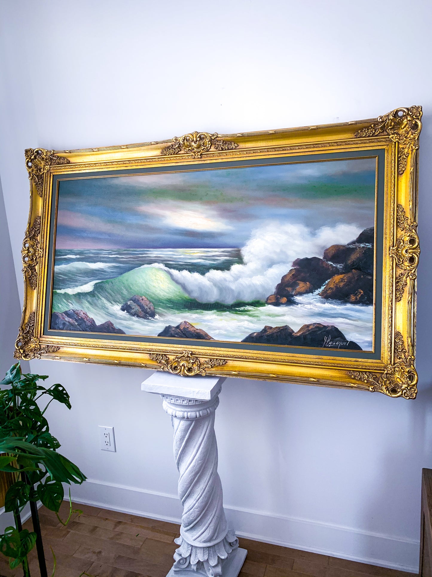 Large Vintage Ocean Oil Painting with Baroque Wood Gold Frame *Signed*