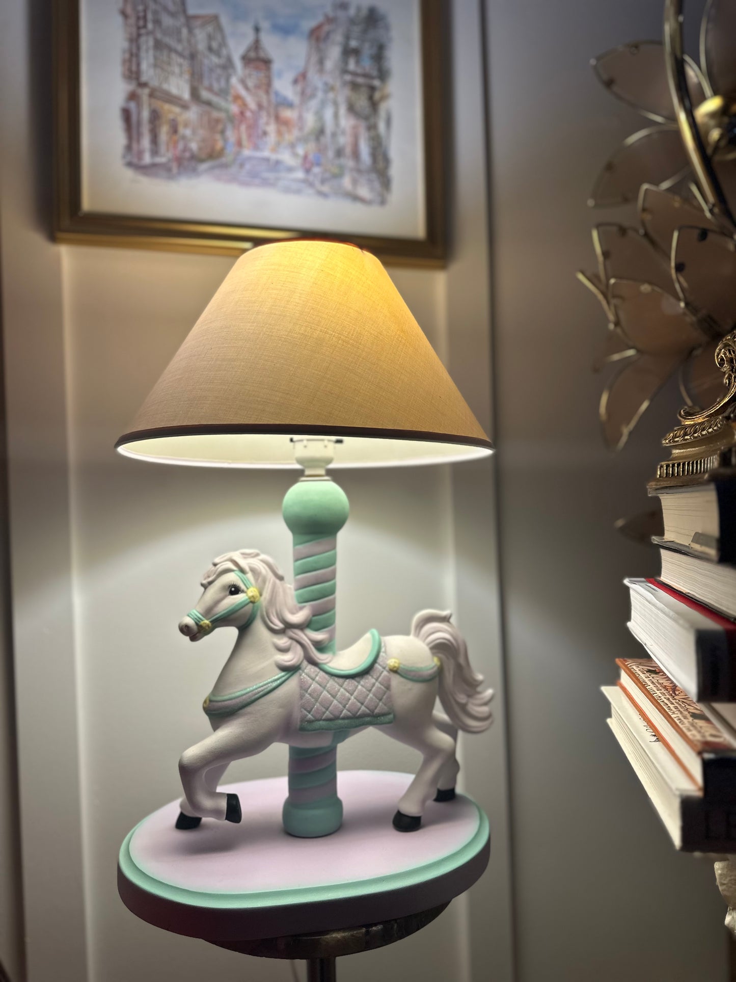 Vintage Lamp for Kids Ceramic White Horse Carousel Shape