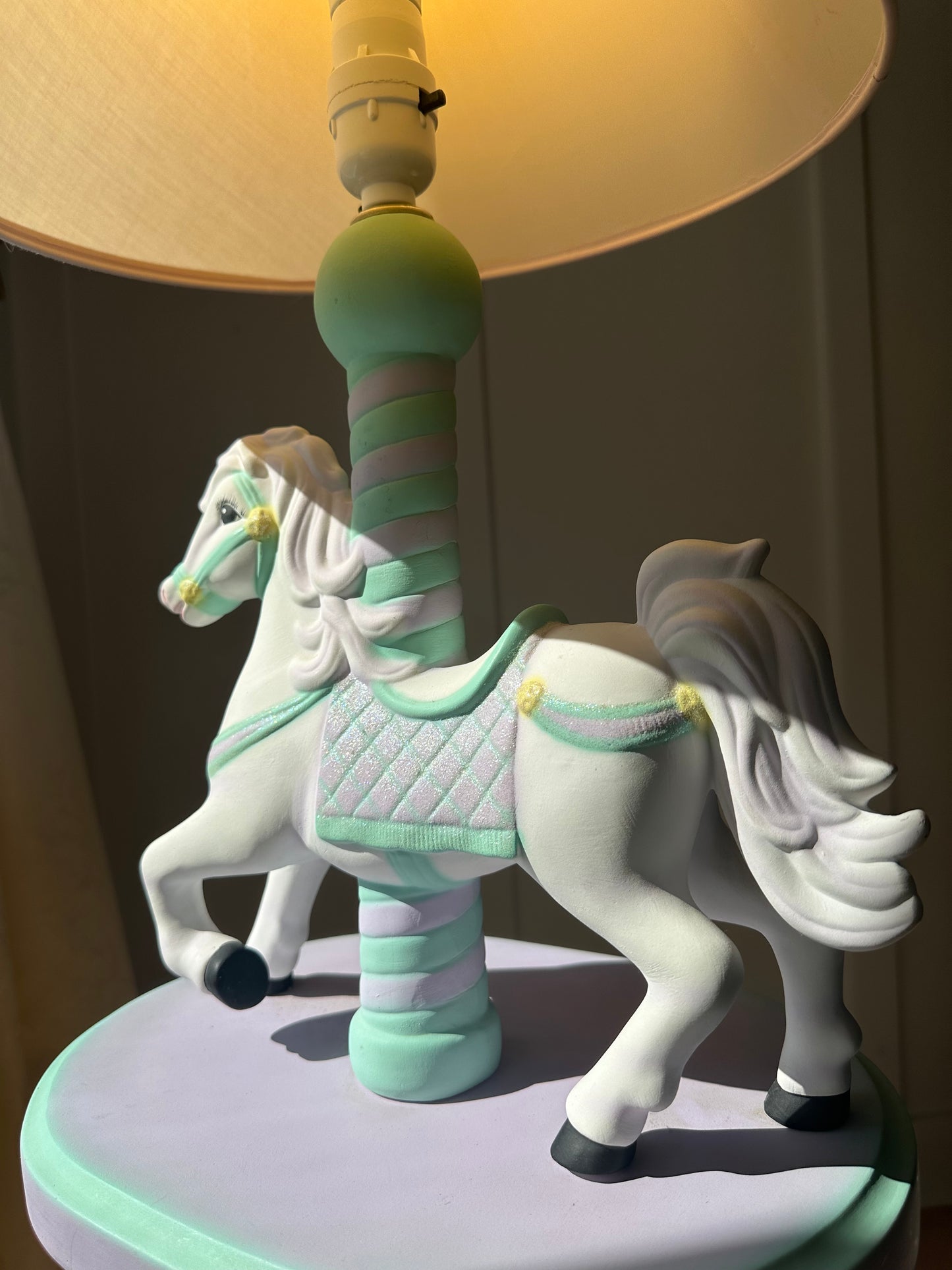 Vintage Lamp for Kids Ceramic White Horse Carousel Shape