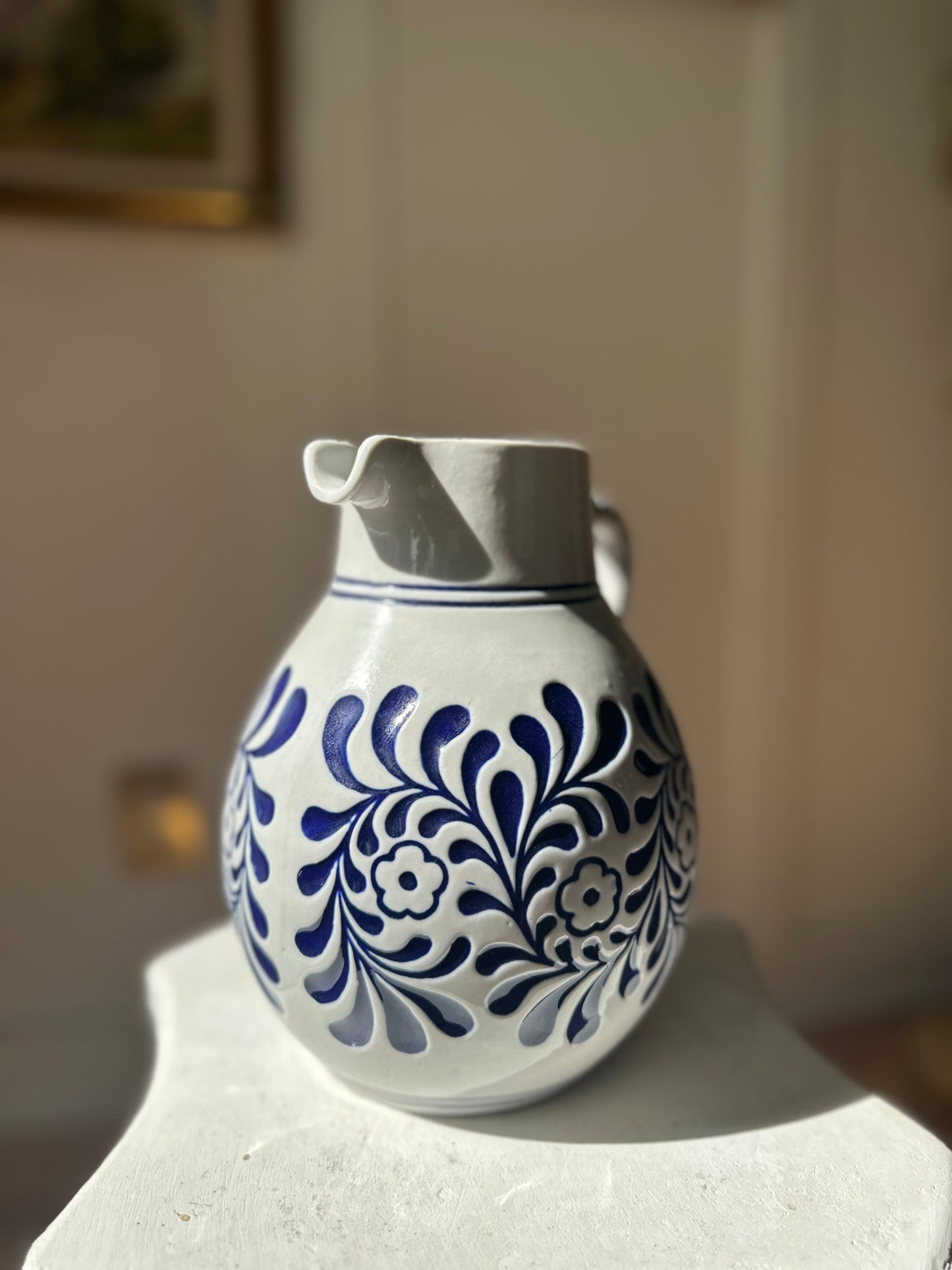 Brazilian Vintage Ceramic Water Pitcher Blue & White