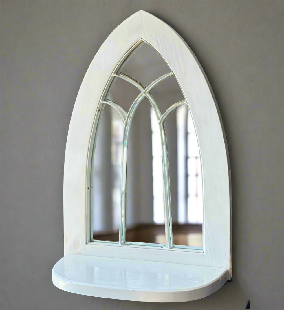 Arched European Cathedral Window Mirror with Shelf in White