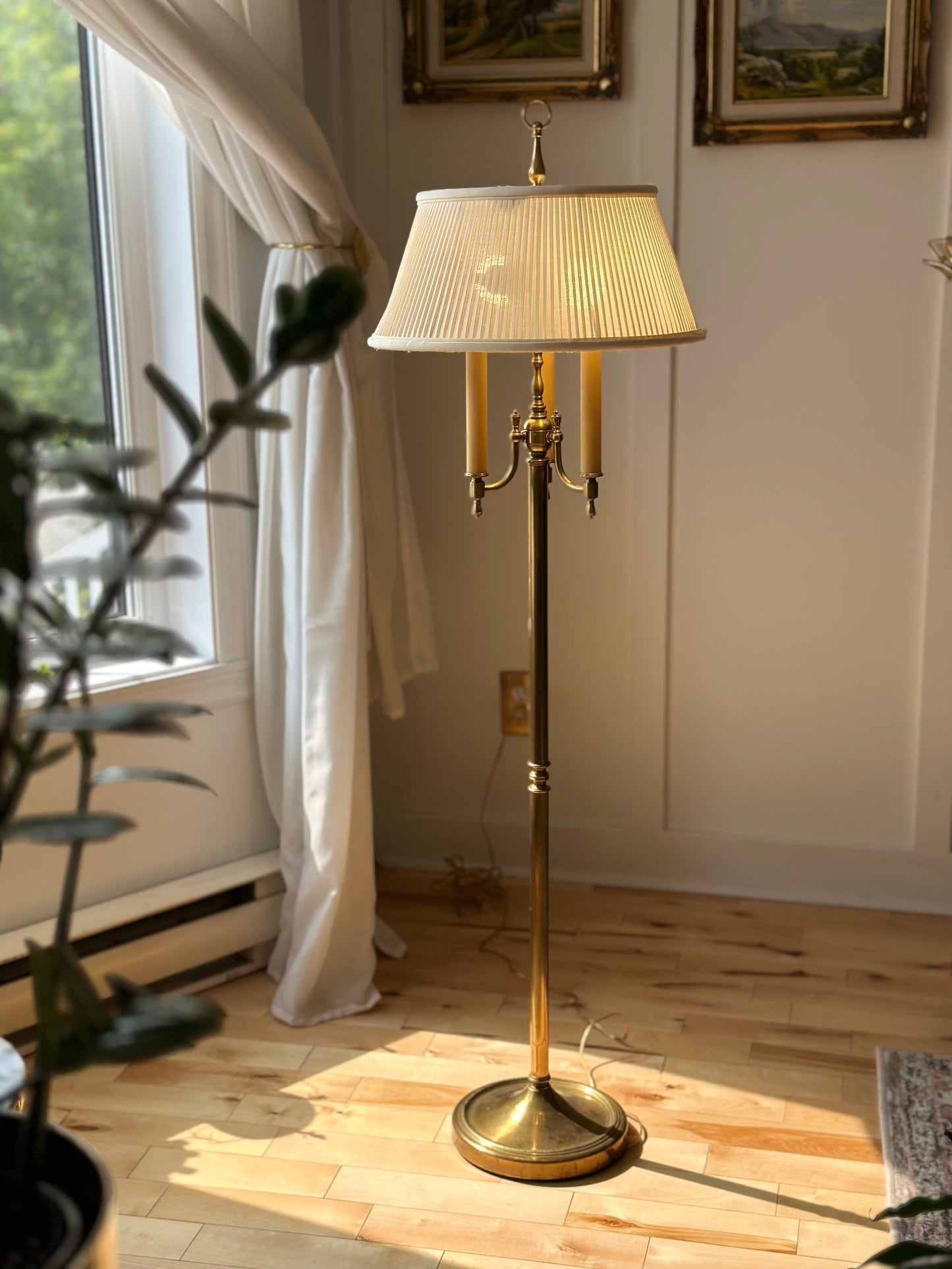 Antique Floor Lamp Brass Body & White Textile Original Shade