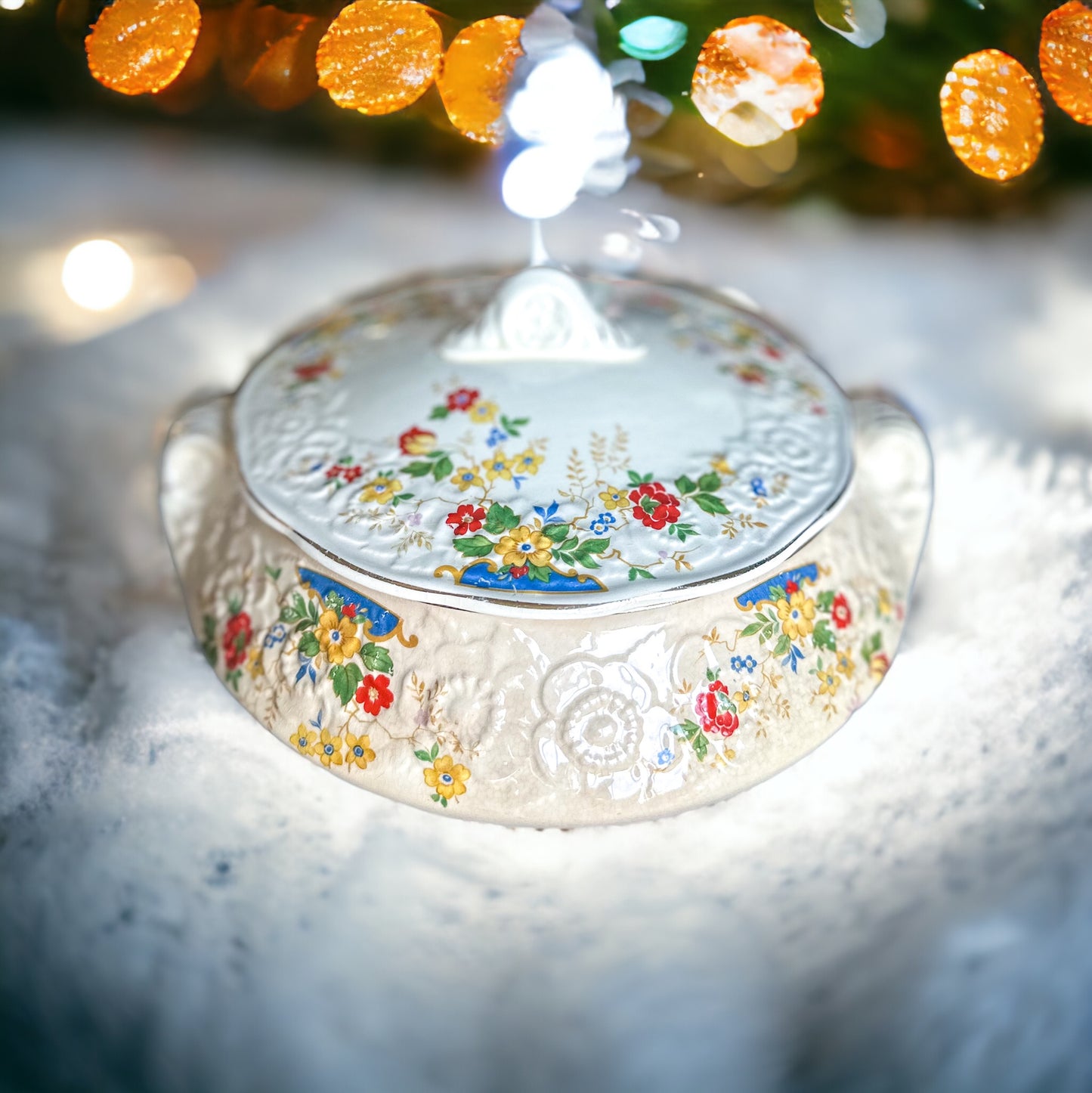 Sovereign Potters Canada HOLLYHOCK Covered Vegetable Bowl, Lidded Serving Bowl, Floral Serving Bowl, Canadian Pottery (1930's)