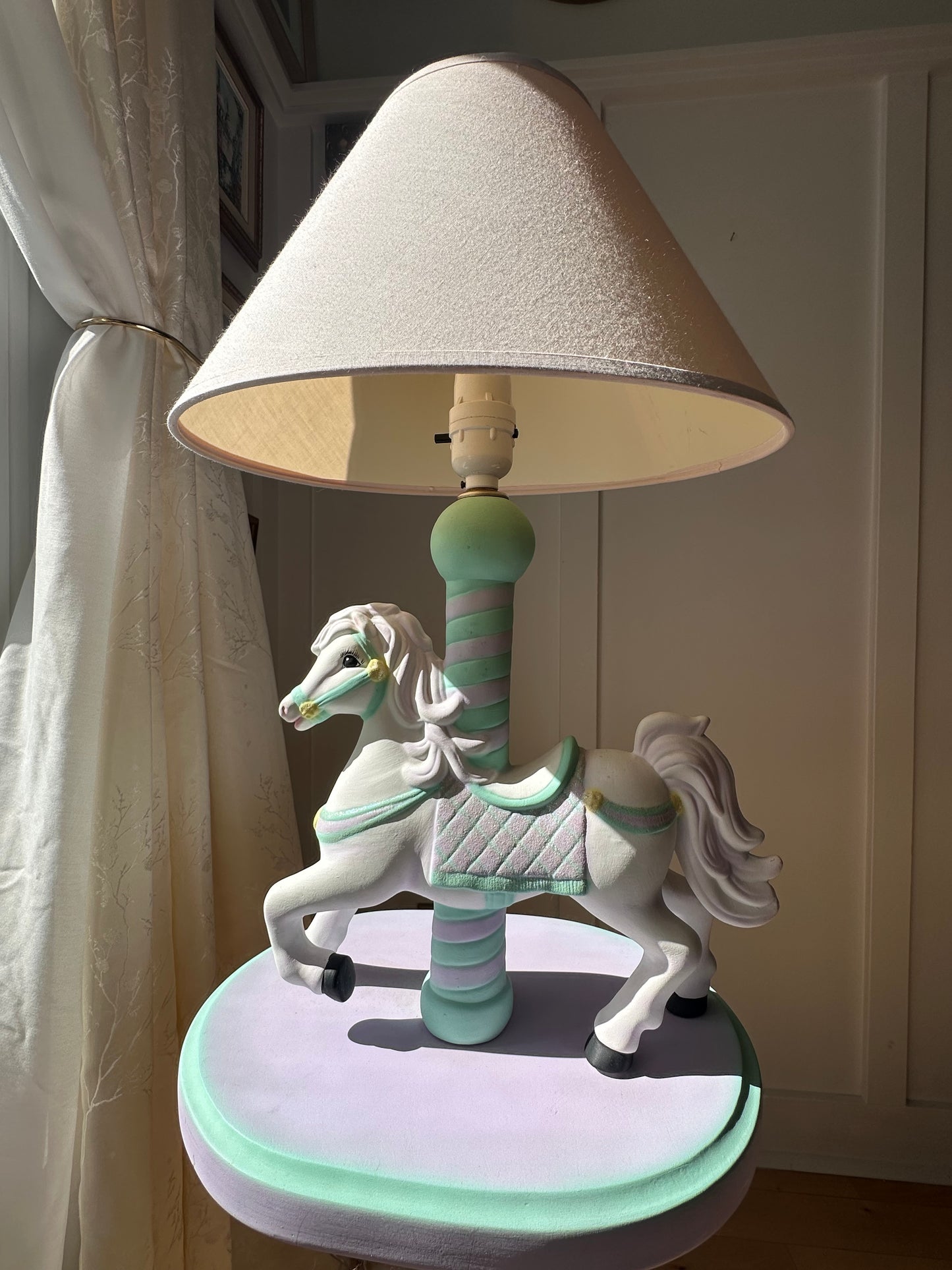 Vintage Lamp for Kids Ceramic White Horse Carousel Shape