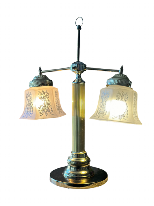 Vintage Brass Table Lamp,  Victorian  Morif Glass Shades