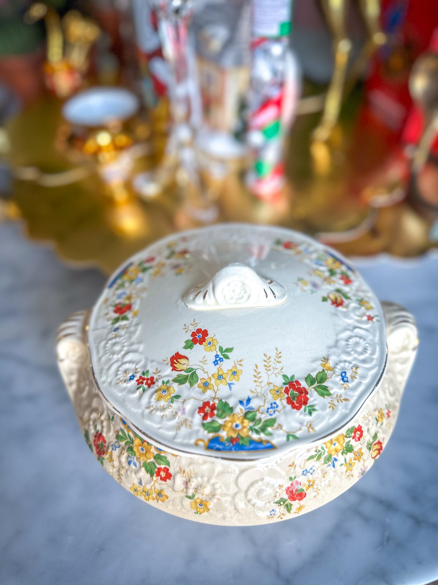 Sovereign Potters Canada HOLLYHOCK Covered Vegetable Bowl, Lidded Serving Bowl, Floral Serving Bowl, Canadian Pottery (1930's)