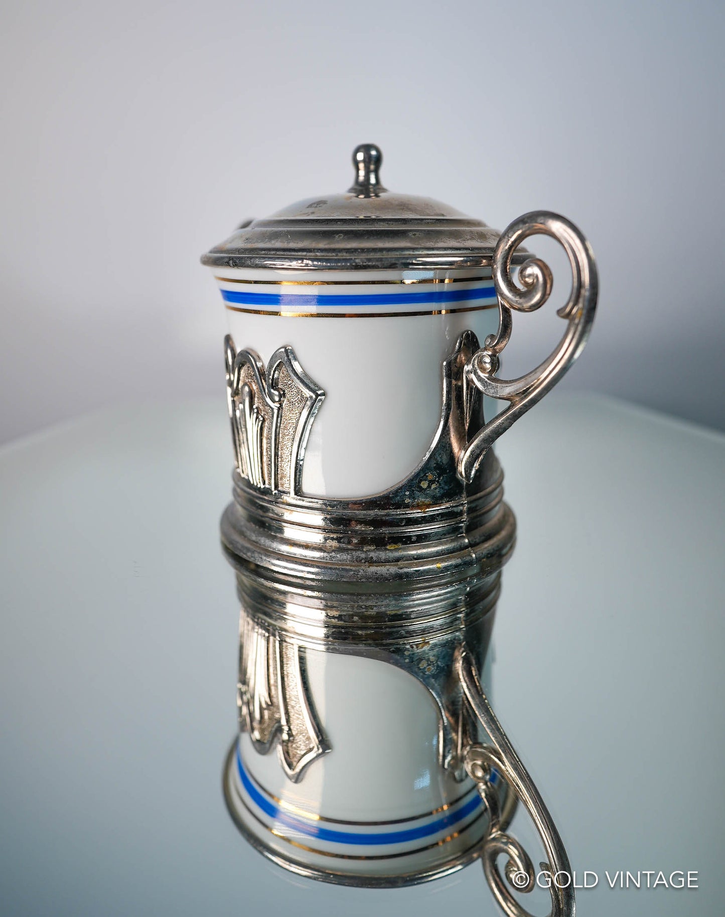 Vintage Italian Chrome & Porcelain Jam Pot Or Sugar Bowl, EP Zinc Chrome Stand Made In Italy, Art Deco Style