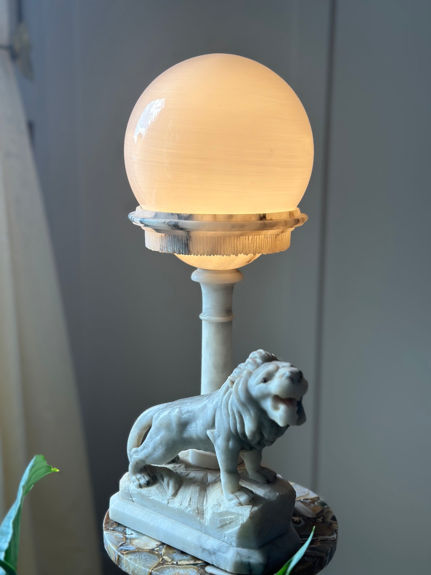 1940’s Solid White Marble Lion Lamp