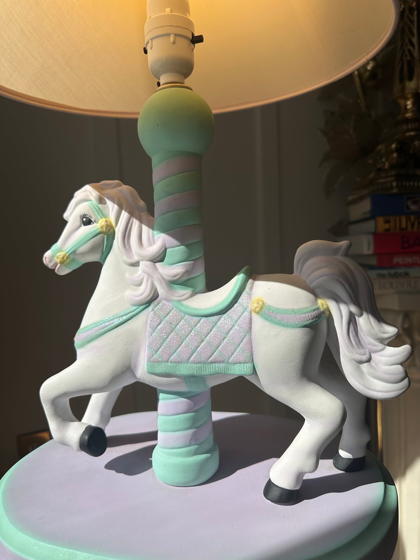 Vintage Lamp for Kids Ceramic White Horse Carousel Shape