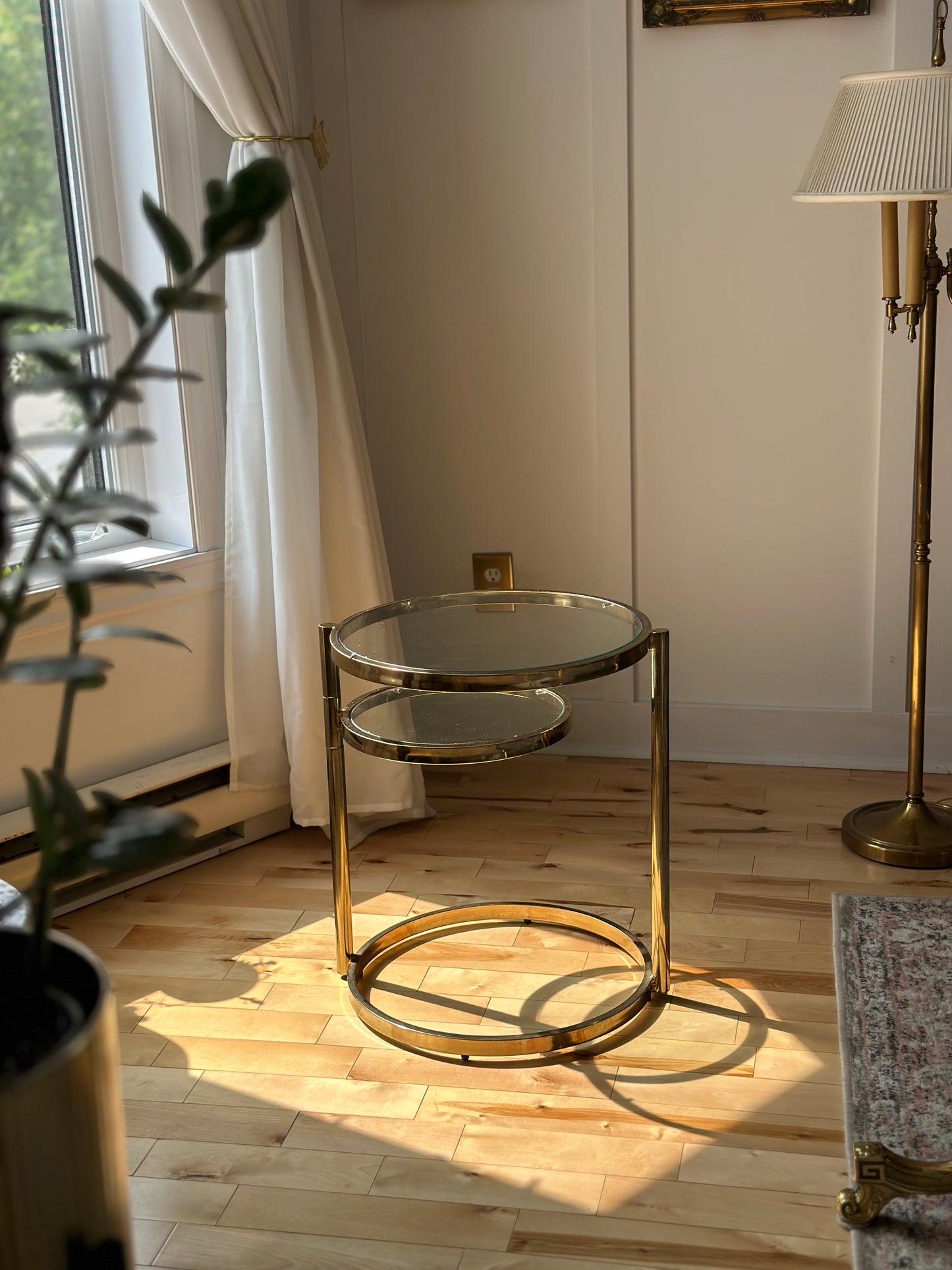 Milo Baughman Style 2 Tier Brass and Glass Cocktail Table