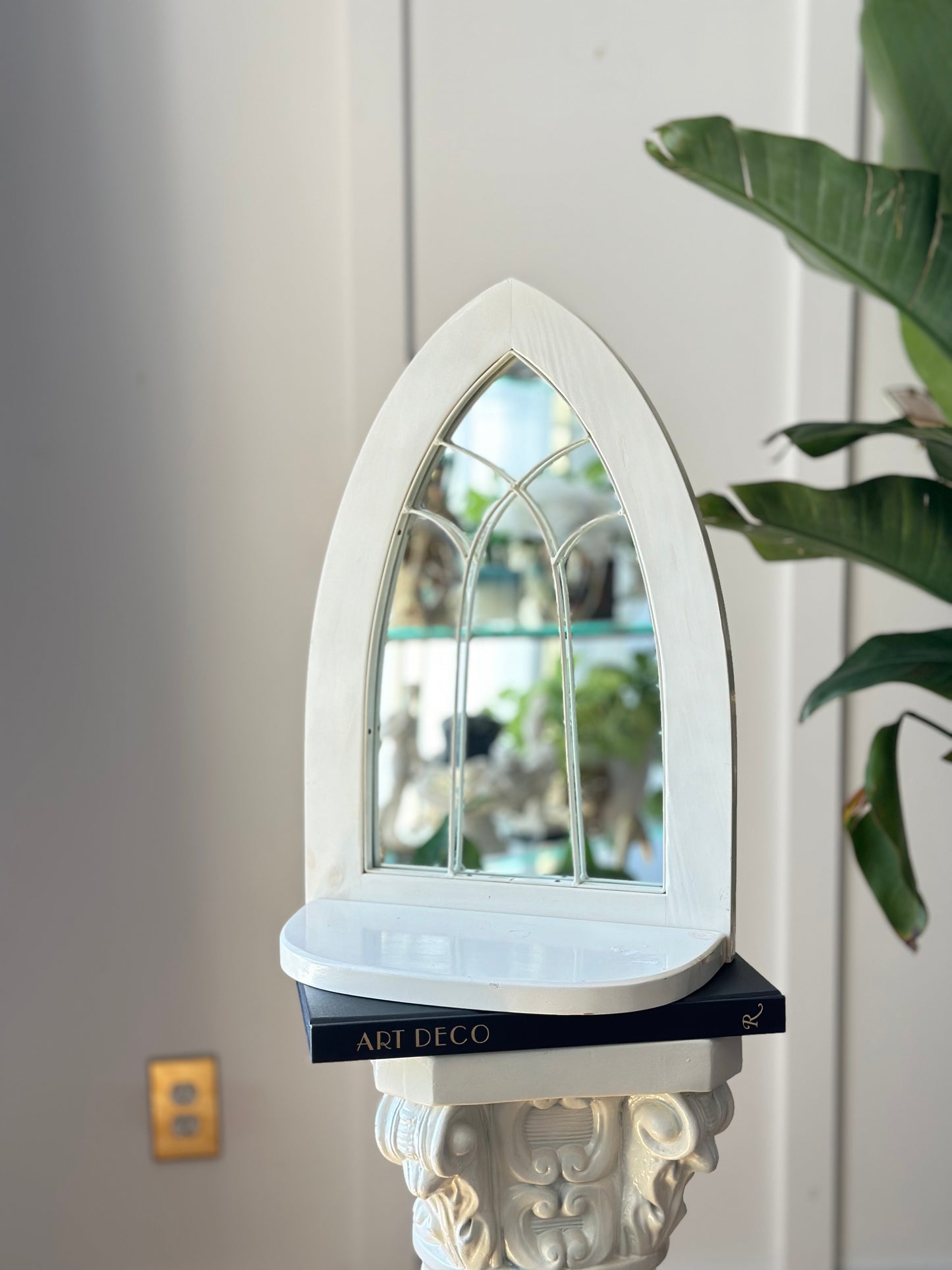 Arched European Cathedral Window Mirror with Shelf in White