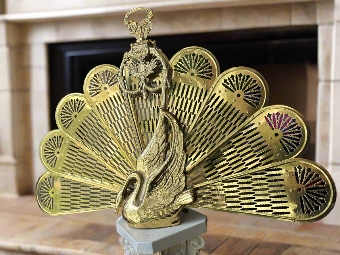 Vintage Swan Themed Brass Peacock Fireplace Fan Folding Screen