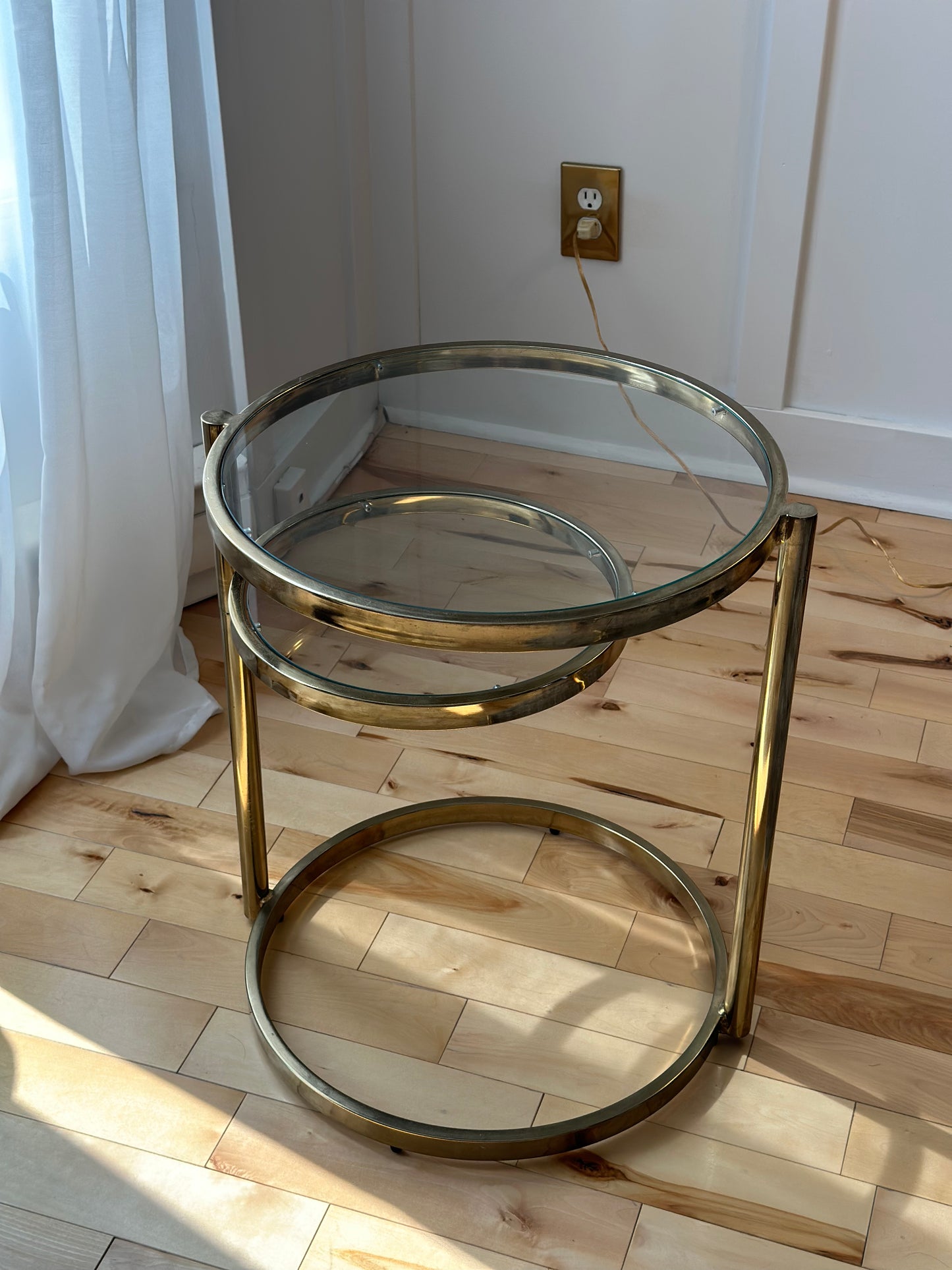 Milo Baughman Style 2 Tier Brass and Glass Cocktail Table