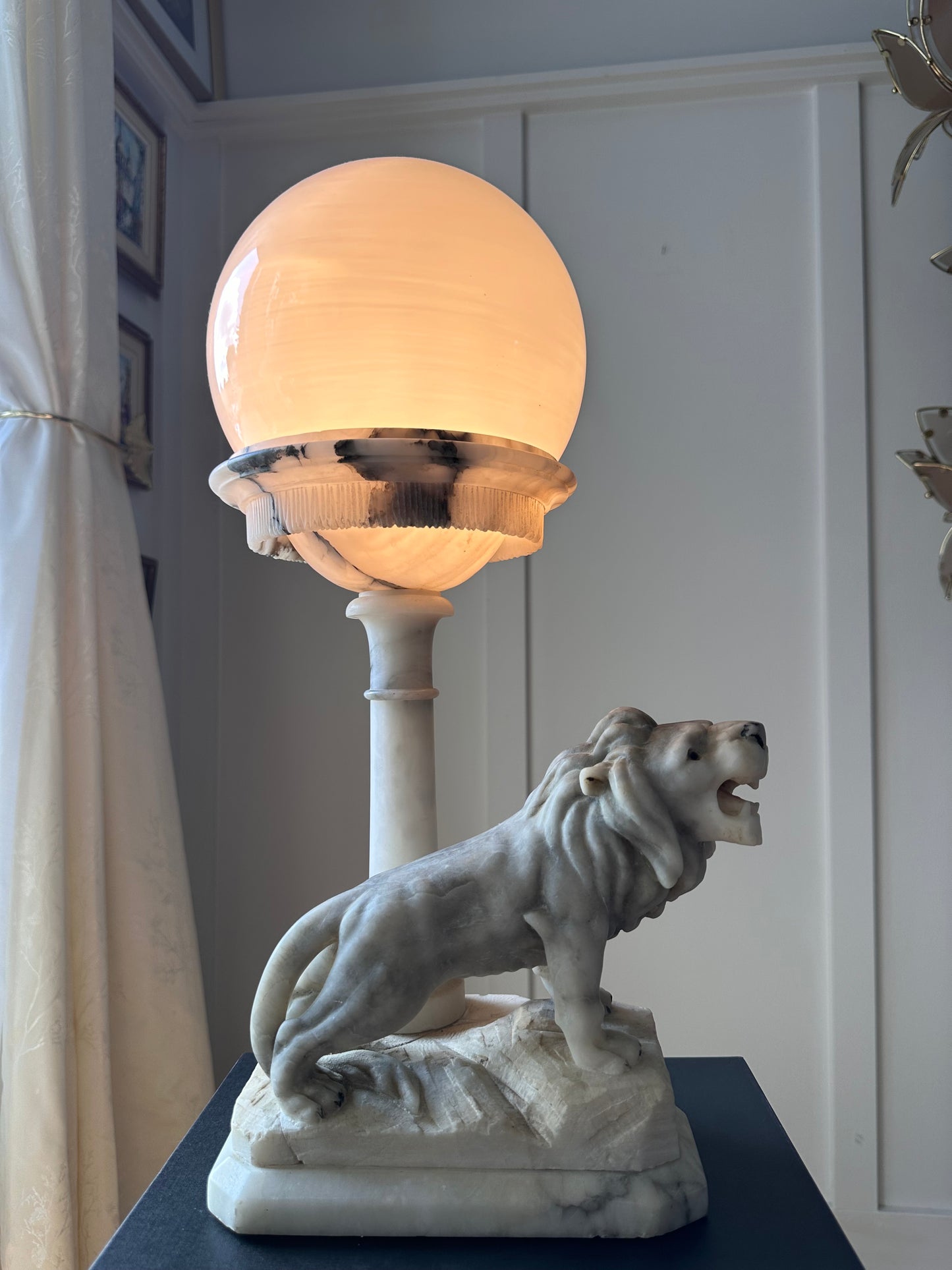 1940’s Solid White Marble Lion Lamp