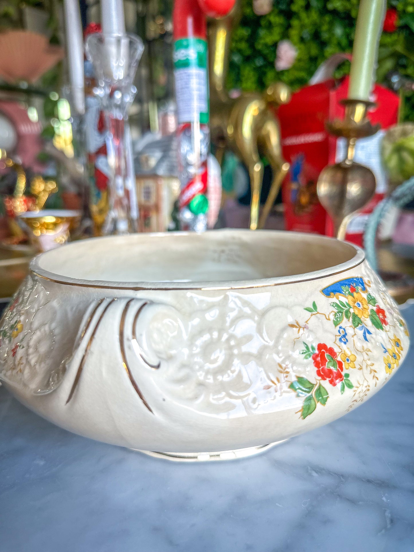 Sovereign Potters Canada HOLLYHOCK Covered Vegetable Bowl, Lidded Serving Bowl, Floral Serving Bowl, Canadian Pottery (1930's)