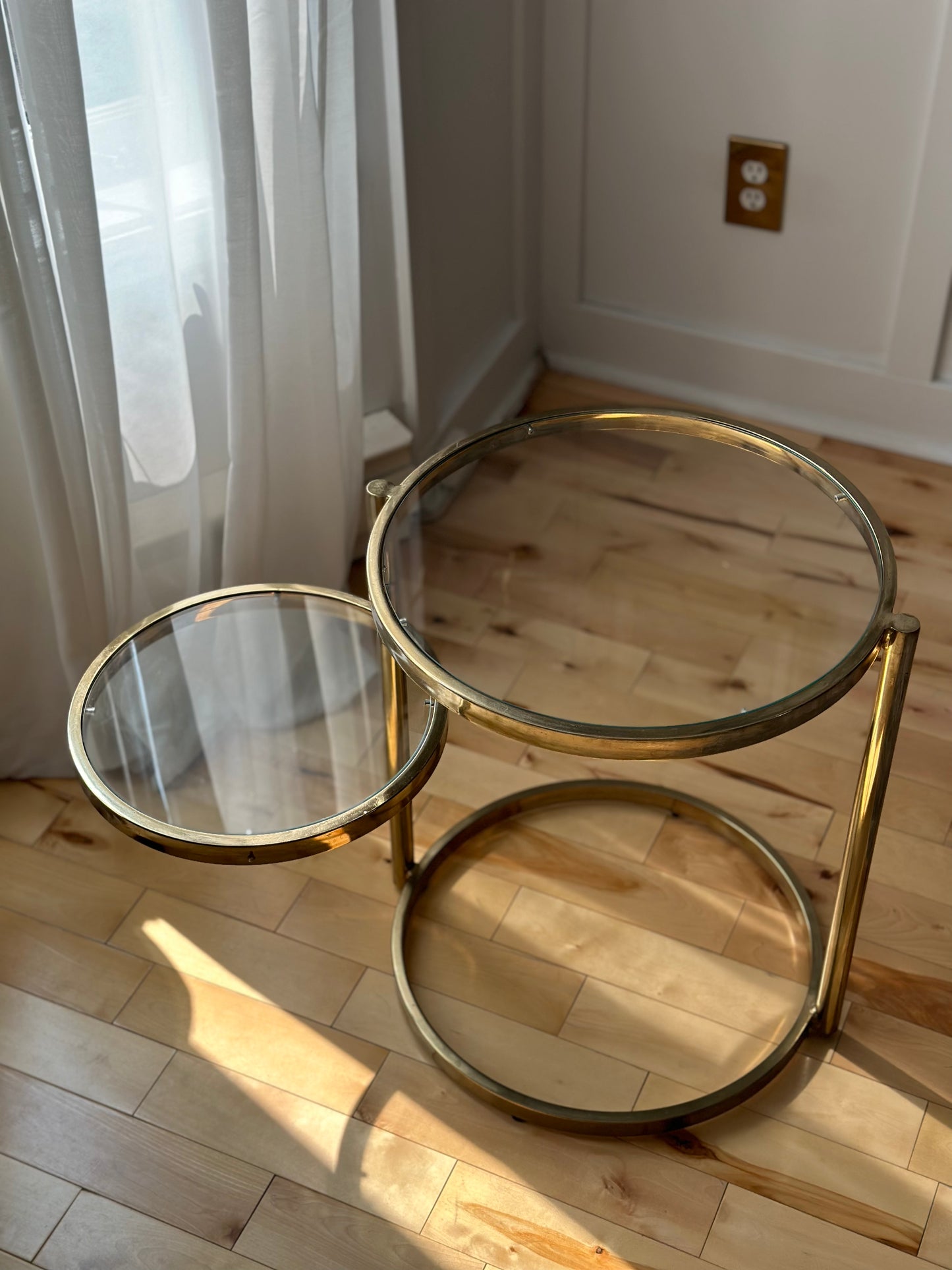 Milo Baughman Style 2 Tier Brass and Glass Cocktail Table