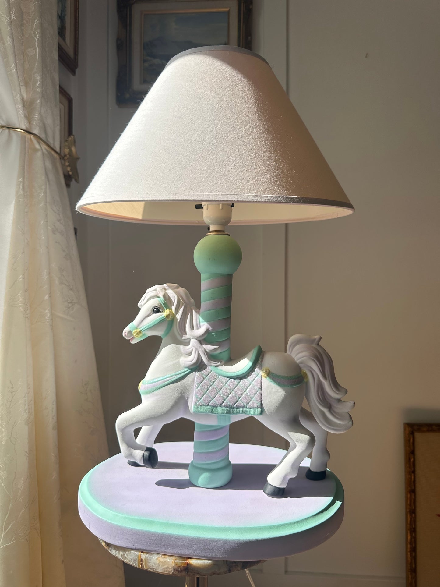 Vintage Lamp for Kids Ceramic White Horse Carousel Shape