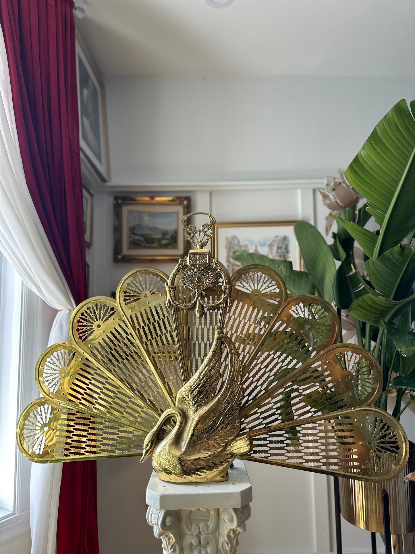 Vintage Swan Themed Brass Peacock Fireplace Fan Folding Screen