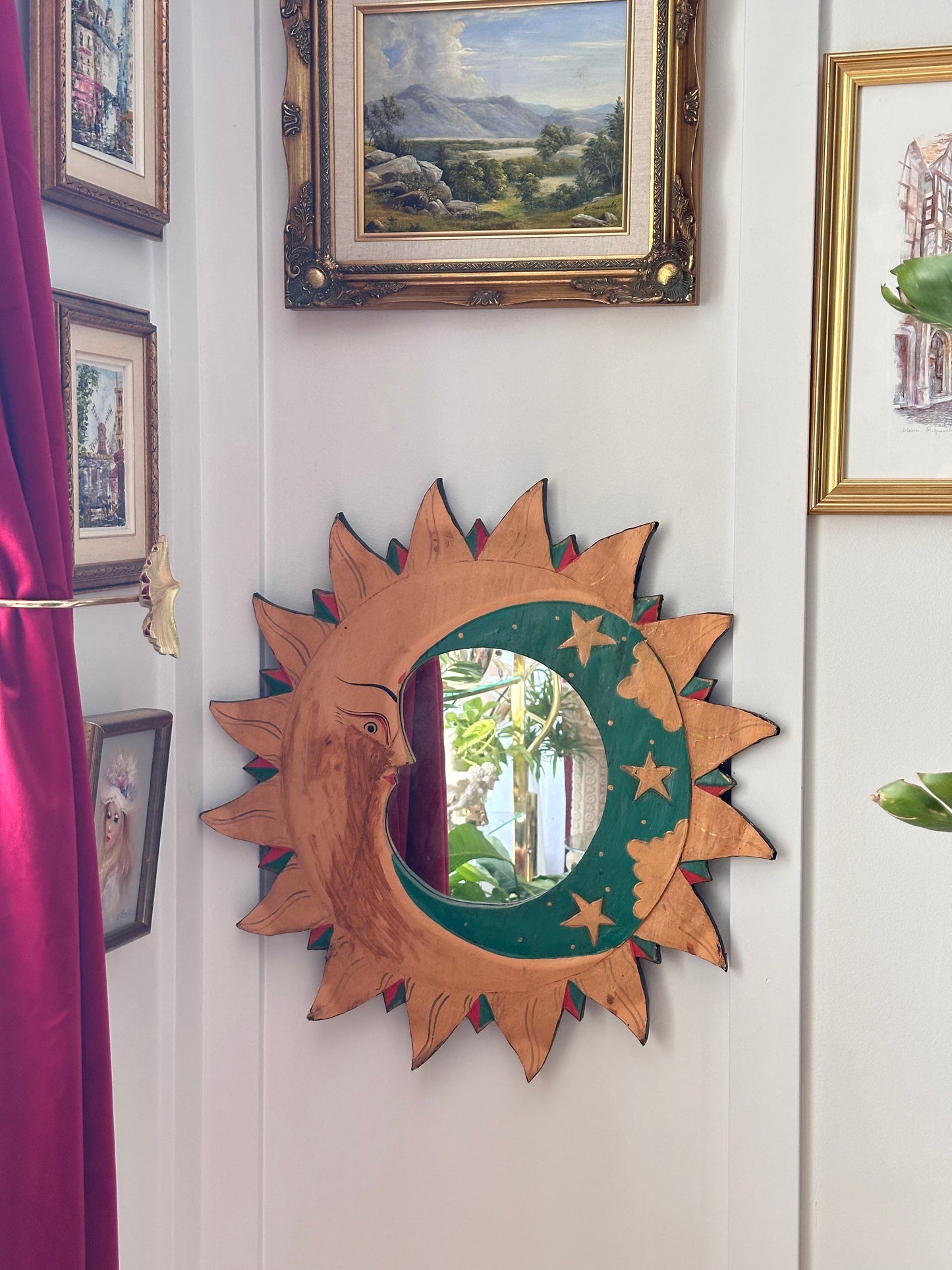 The Sun and the Moon Vintage Folk Art Handpainted Wooden Vintage Mirror